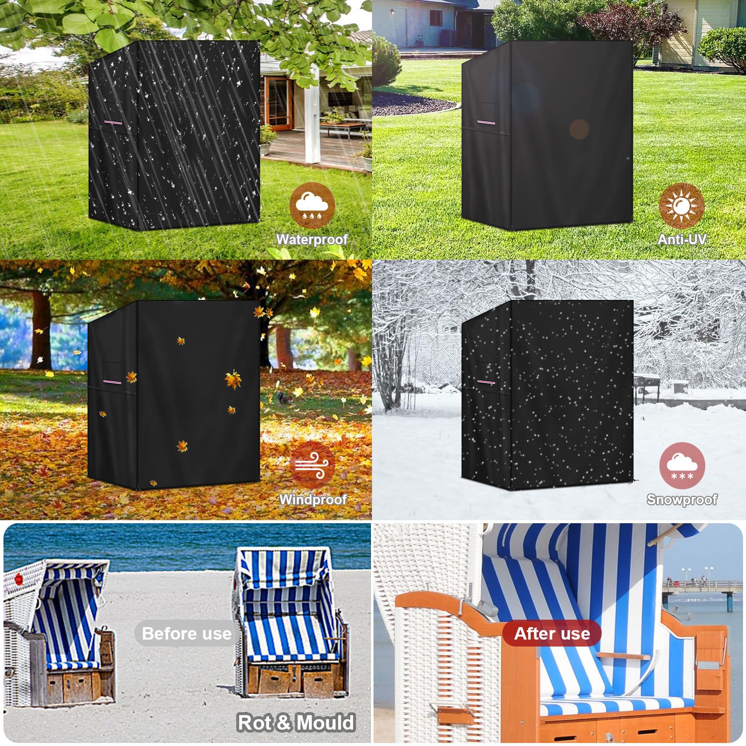 LAMUNI Copertura per Sedia da Spiaggia Impermeabile, 420D Tessuto Oxford Copertura per Poltrona da Spiaggia, Antivento, Anti-UV Telo Protettivo per Sedia da Spiaggia Esterno, 120x90x160/145cm