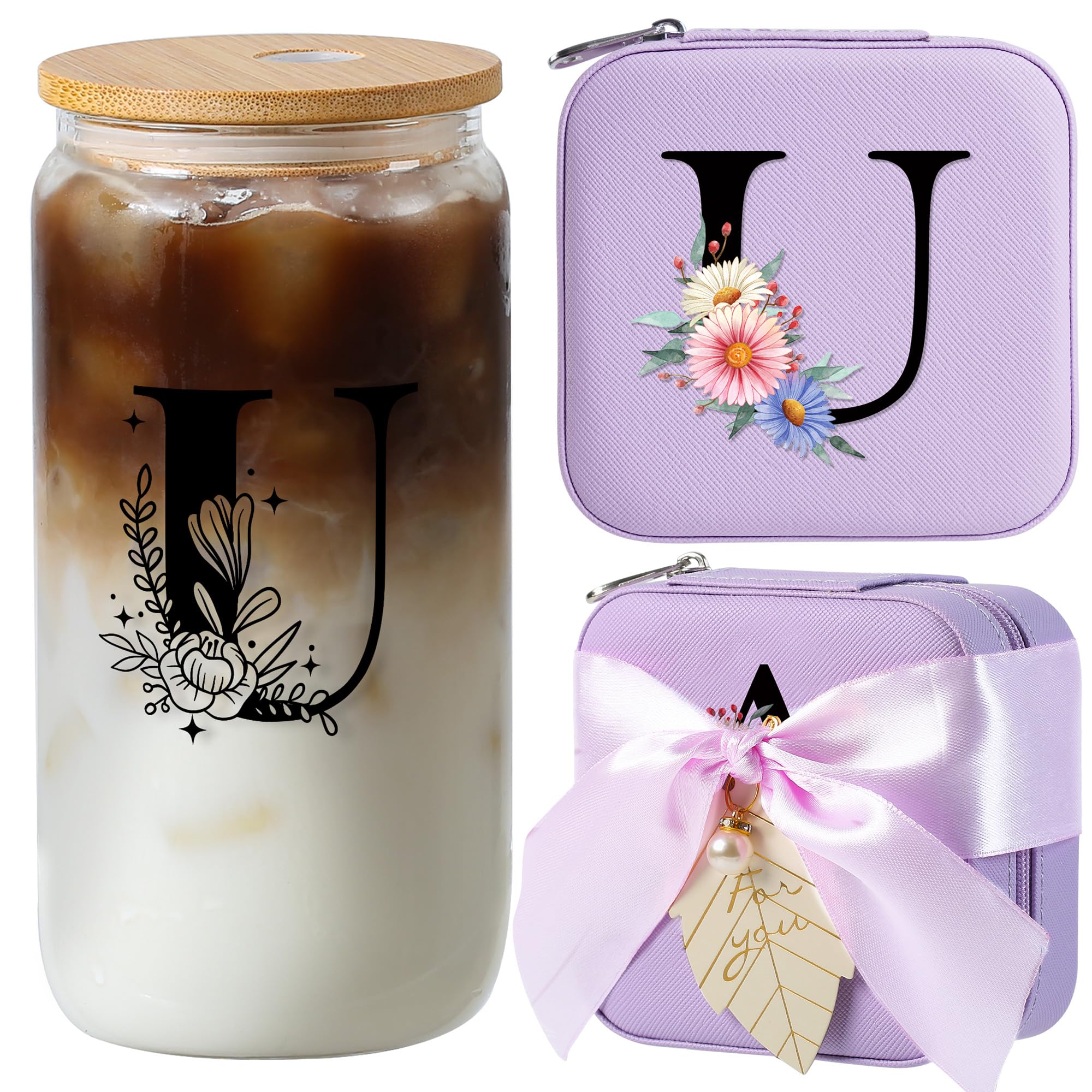 AYGXU Travel Gifts for Women Girls,Small Jewelry Organizer Box,Bridesmaid Proposal Gifts,glass cup with bamboo lid and straw,aesthetic cups,coffee cups,Graduation Gifts for Her Initial U purple