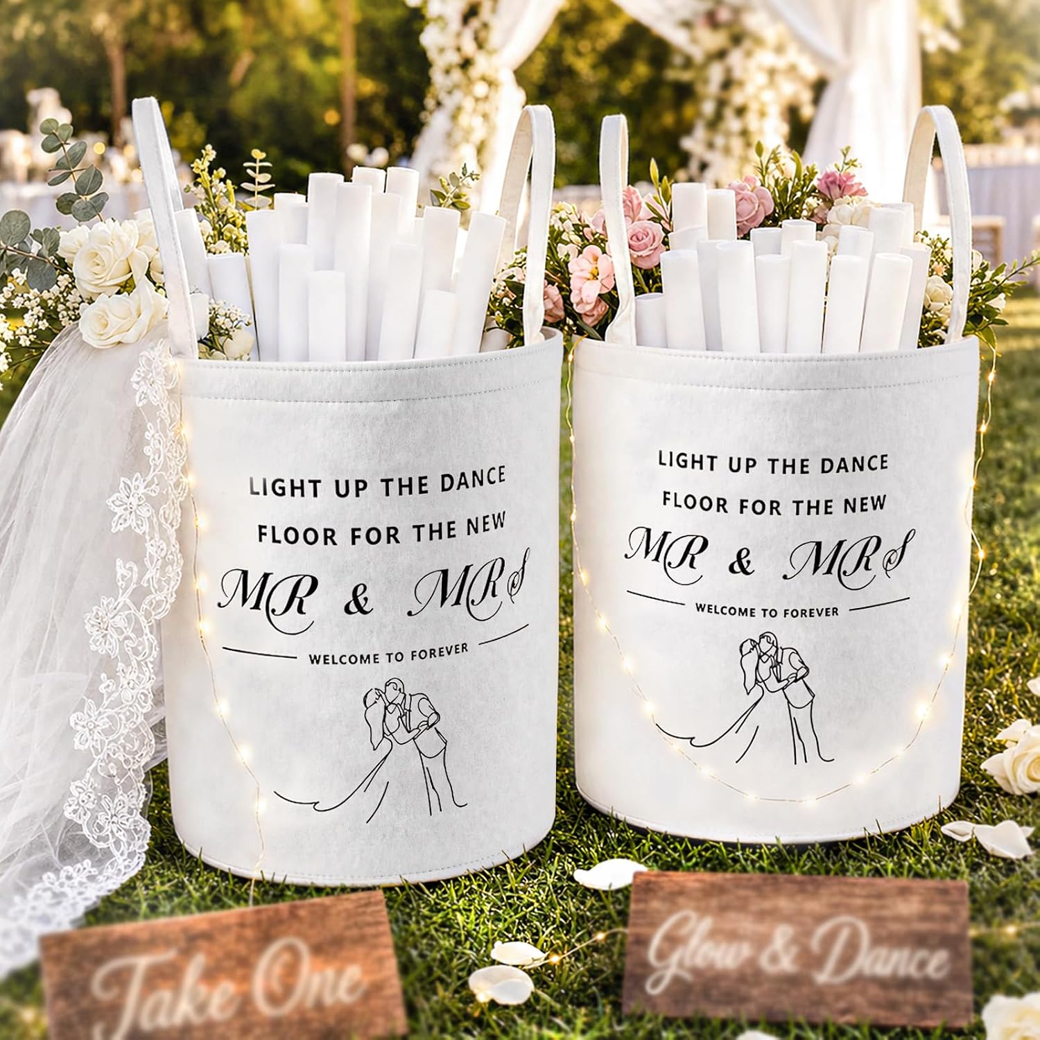 2Pcs White Wedding Baskets for Glow Sticks, Light Up the Dance Floor Basket
