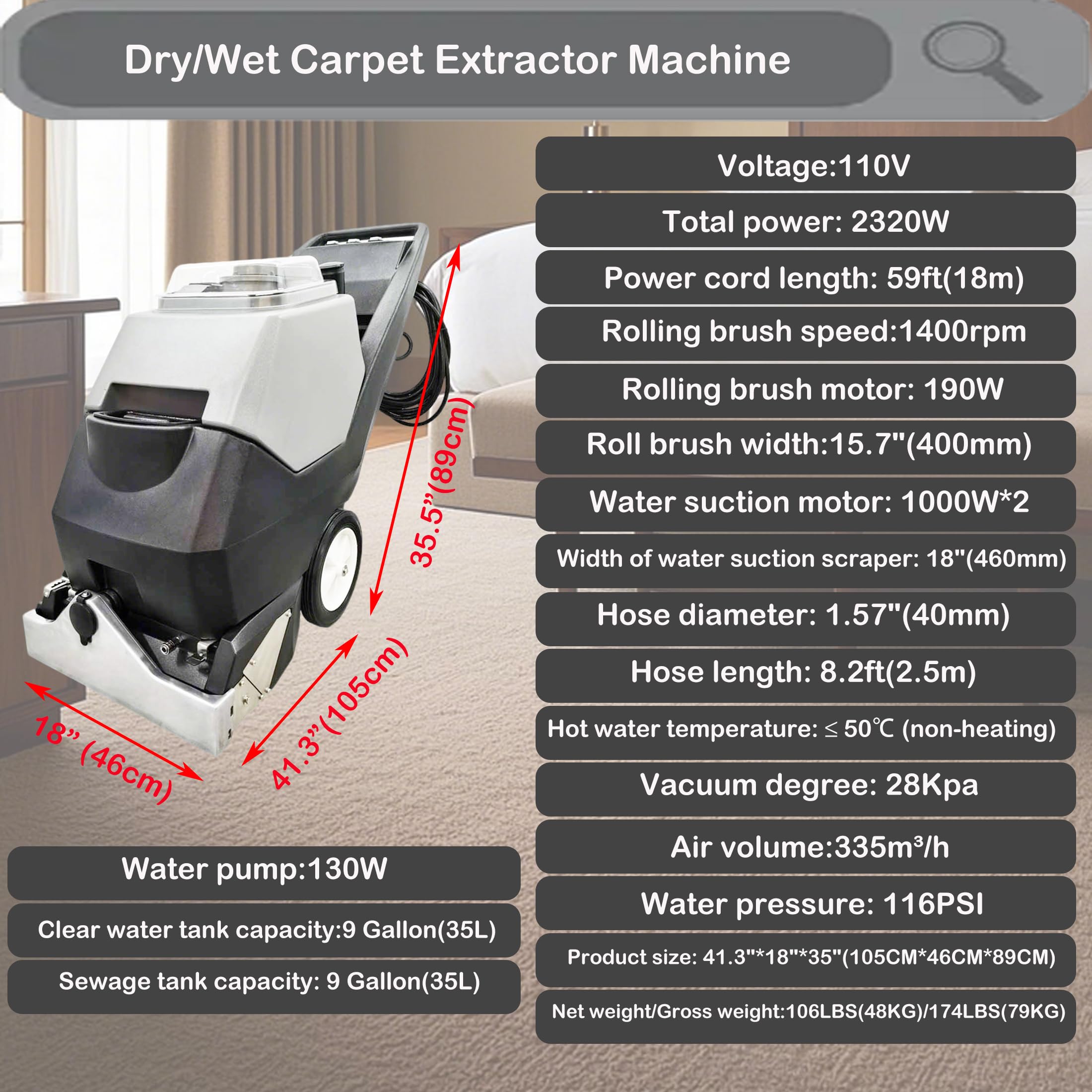 INTSUPERMAI Commercial Carpet Cleaning Machine Carpet Extractor Cleaner 3-in-1 Dry/Wet Cleaner Sofa Curtain Floor Cleaning Machine 70L Tank 110V