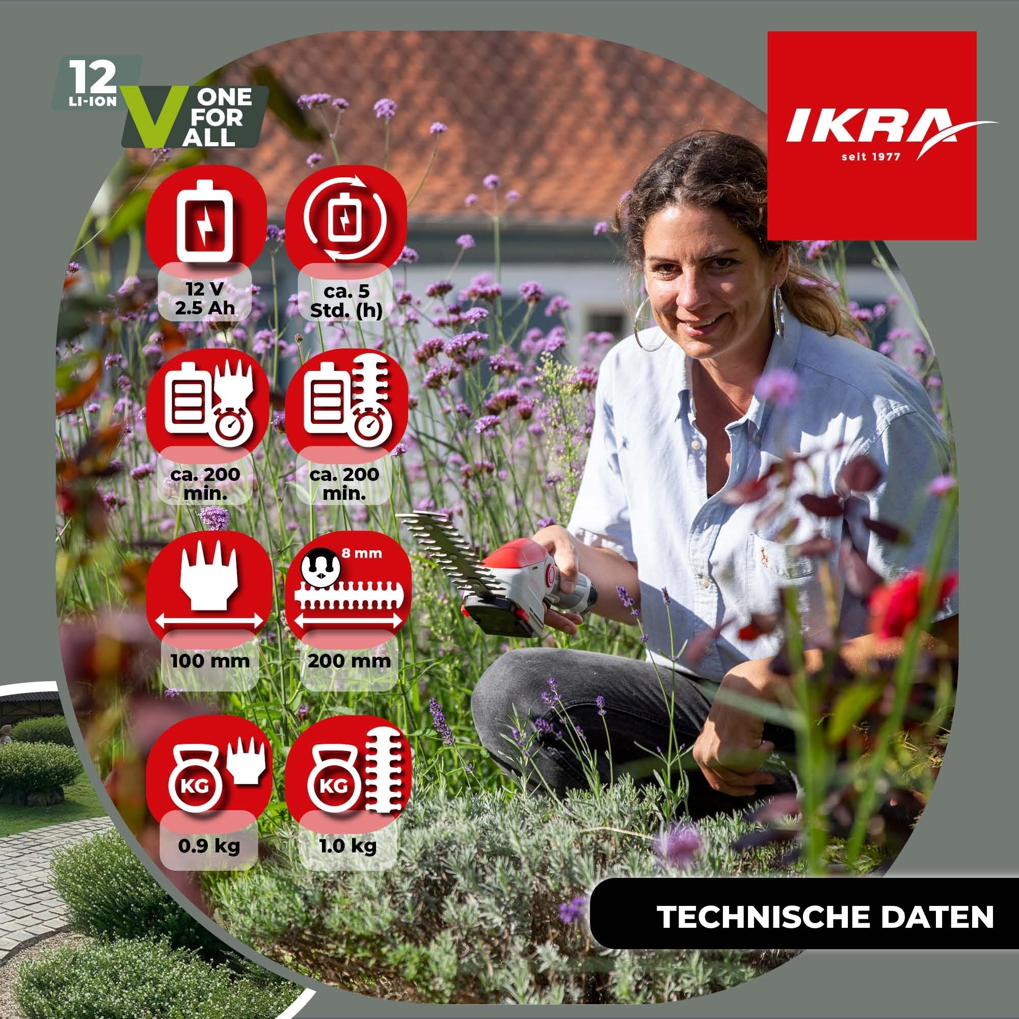 IKRA Akku Grasschere & Strauchschere IGBS 1210 2in1, inkl. Tasche | Inkl. Akku 12V & Ladegerät, 7-fach winkelverstellbarer Griff, Messer Made in Germany, kompatibel mit IKRA 12V Akku-Familie