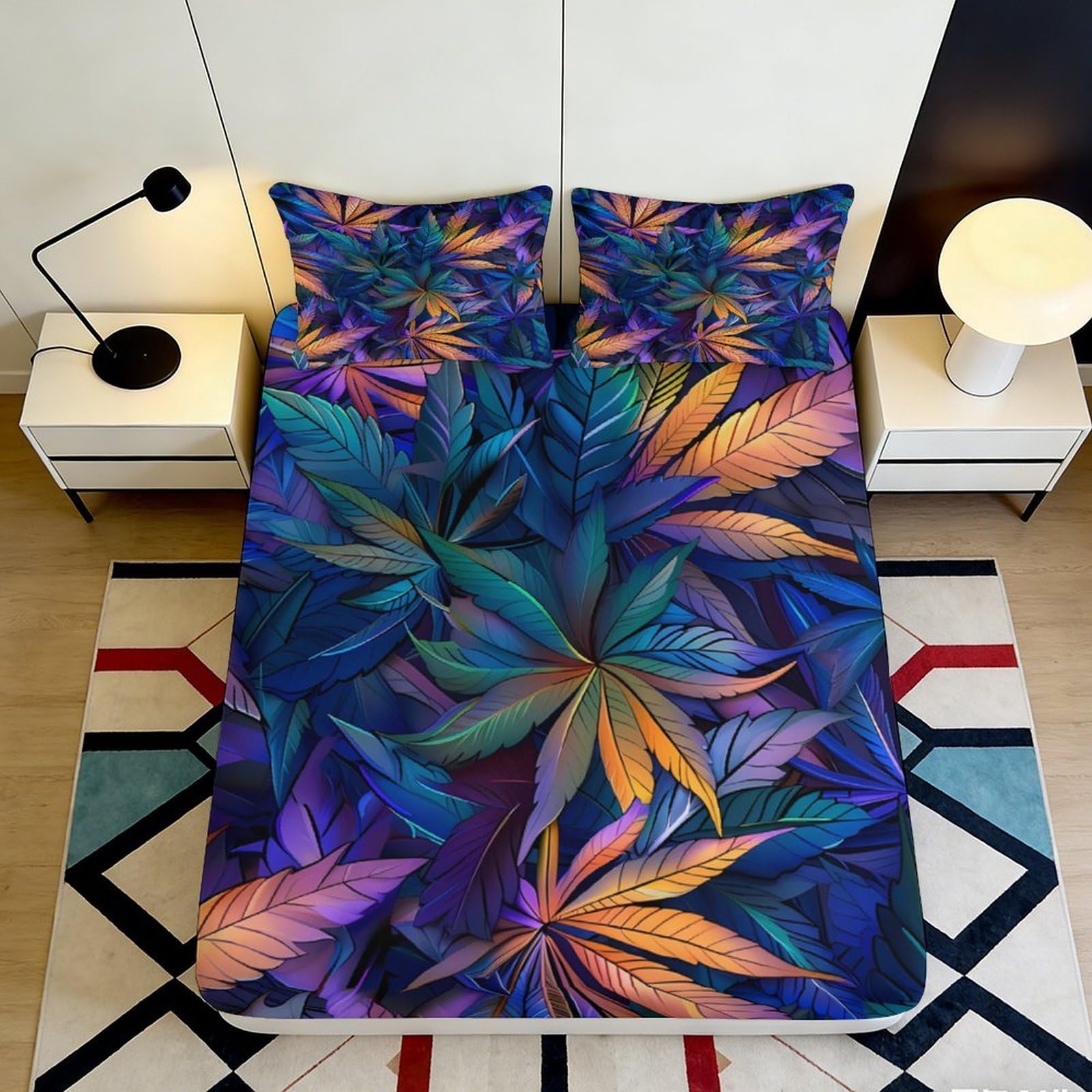 3D Printed Botanical Fitted Sheet, Microfiber Soft Touch, Colourful Leaf Pattern Bed Sheet, Wrinkle Resistant, Home Decor, Apartment Bedding, Bedroom 90x200x25cm