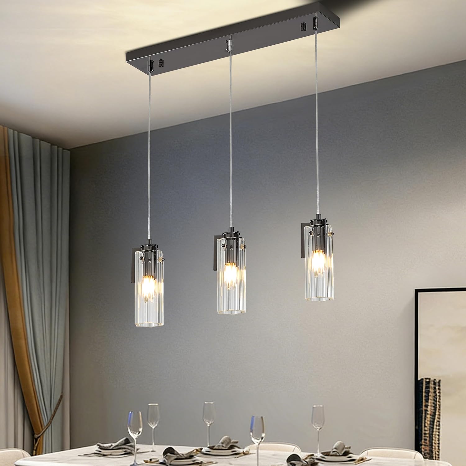 Modern 3-Light Black Linear Pendant Light, Stainless Steel & K9 Crystal Kitchen Island Lighting, Adjustable E12 Hanging Ceiling Fixture