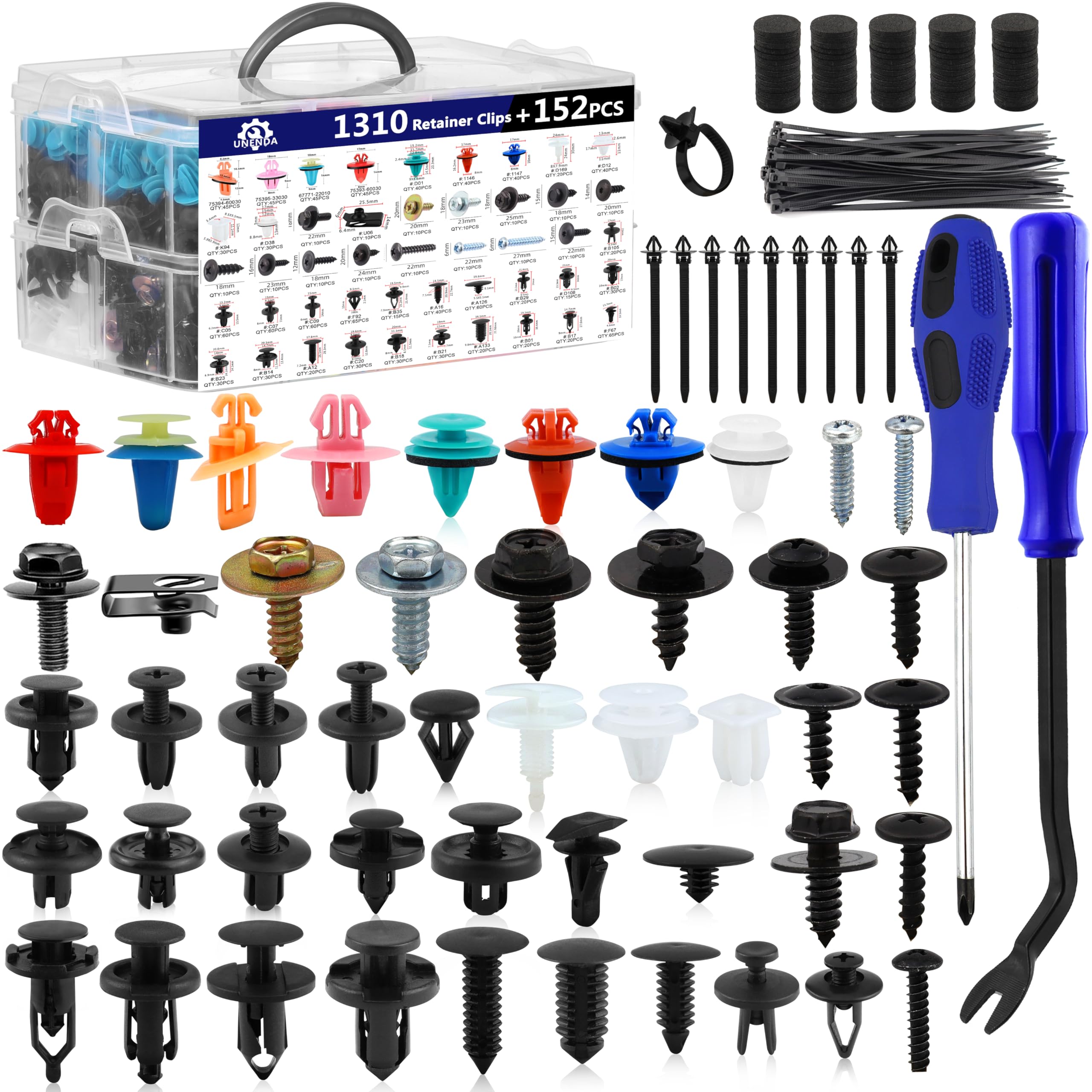 Car Push Retainer Clips Screw Assortment Kit 1462PCS-47 Most Popular Sizes Door Panel Trim Screw Clips Nylon Bumper Fender Rivets with Blue Fasteners