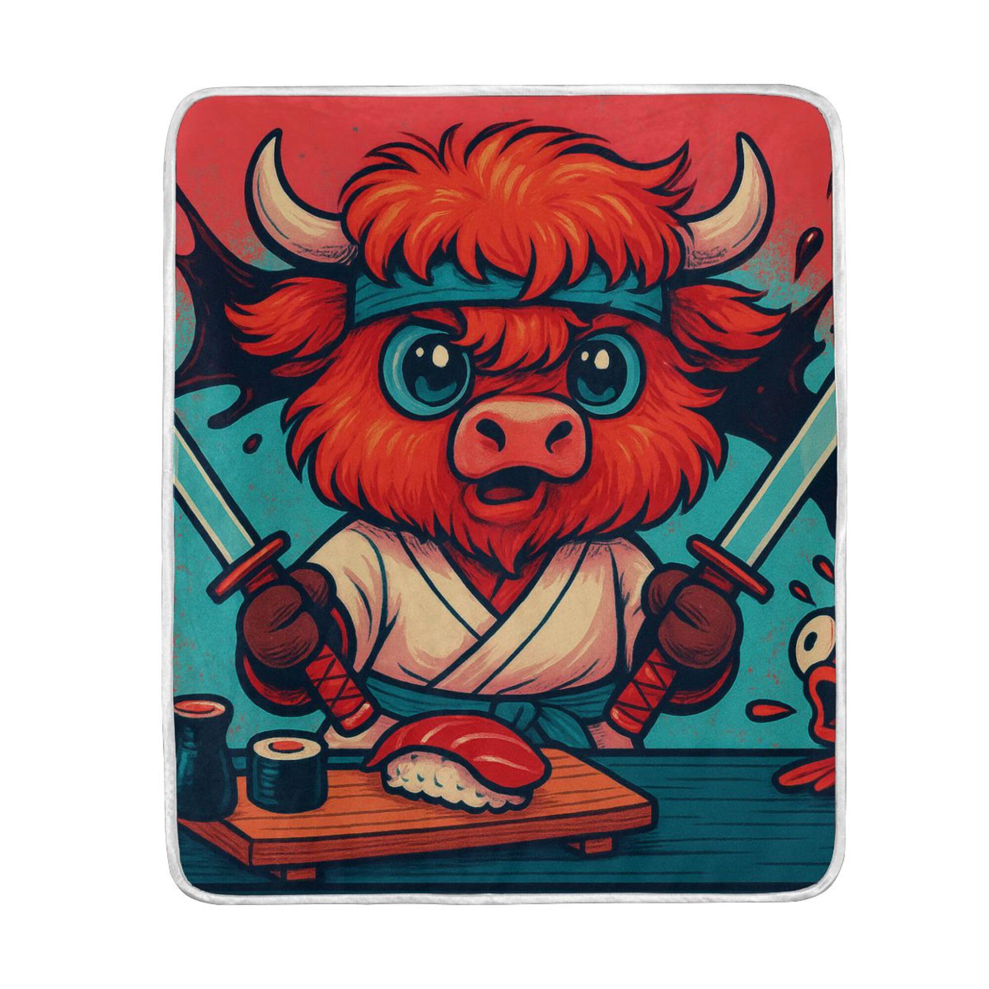 Koc do salonu narzuta koc miękki koc do salonu 50 x 60 narzuty koce Highland Cow Sushi Chef