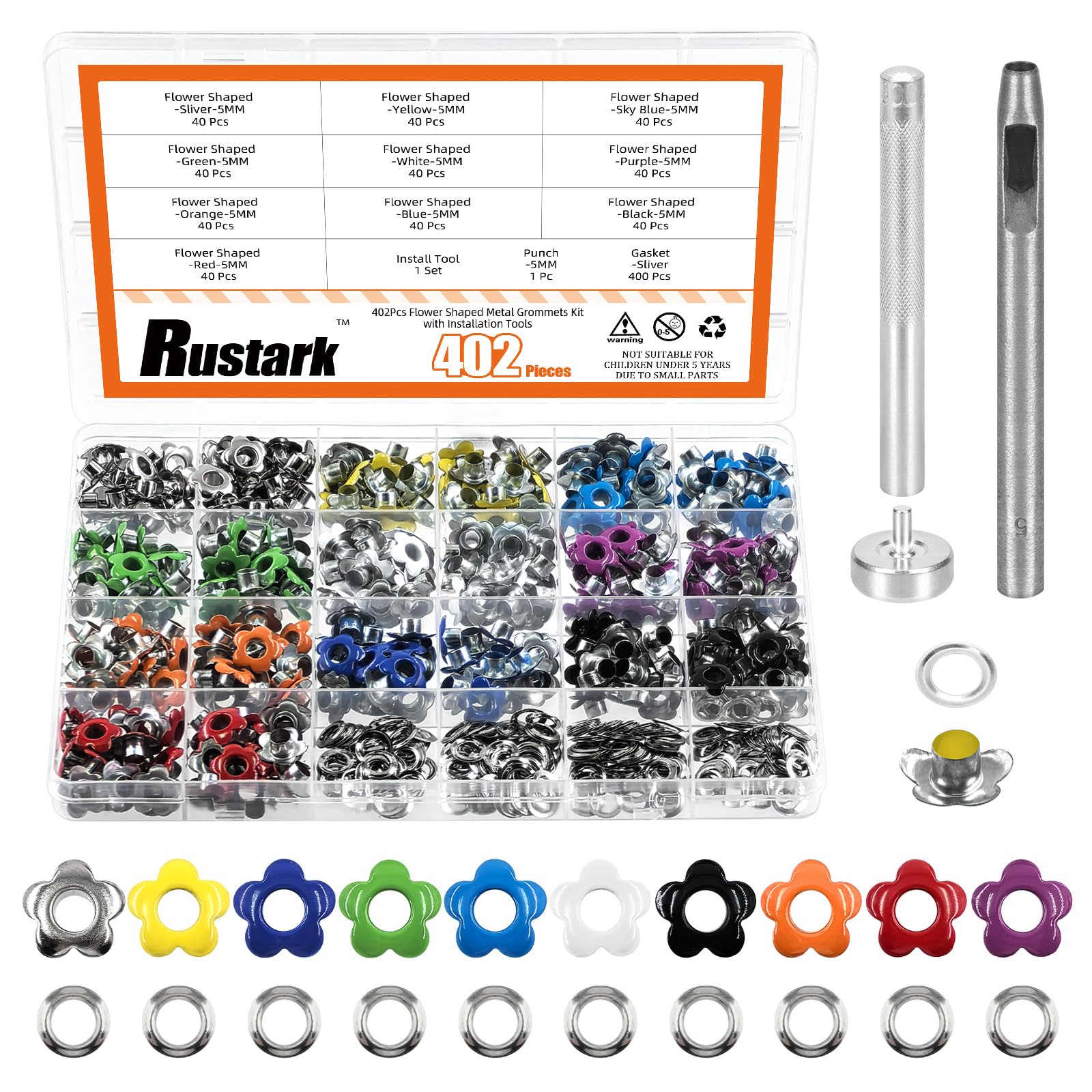 403Pcs 10 Colors 5mm Flower Eyelet Grommets Assortment Kit with 3Pcs Grommet Setting Tools, Floral Metal Eyelet Grommet Flower Shaped Craft Eyelet Findings for Shoes Clothes Leather DIY Craft