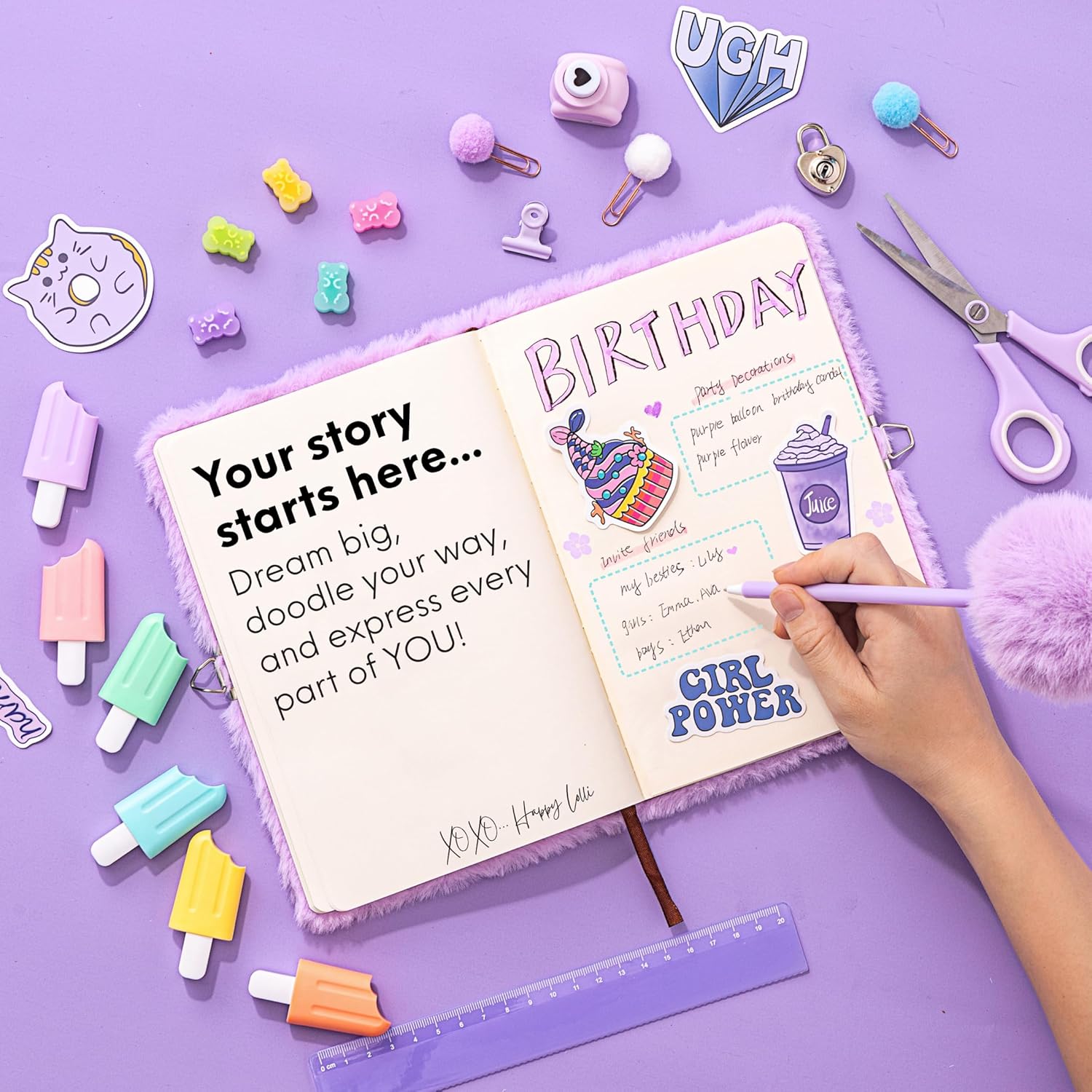 HAPPY LOLLI Purple LolliME DIY Journal Kit for Tween & Teen Girls Ages 8–14, Birthday Gift, 300+ Pieces Lockable Diary Set, Arts & Crafts, Scrapbook & Creative Journaling