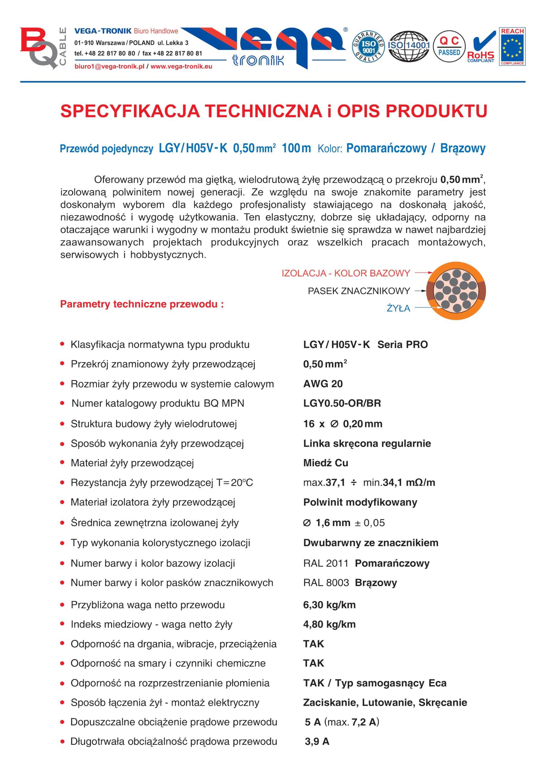 Przewód pojedynczy LGY/ H05V- K 0,50 mm2 100 m Kolor: pomarańćzowy/brązowy