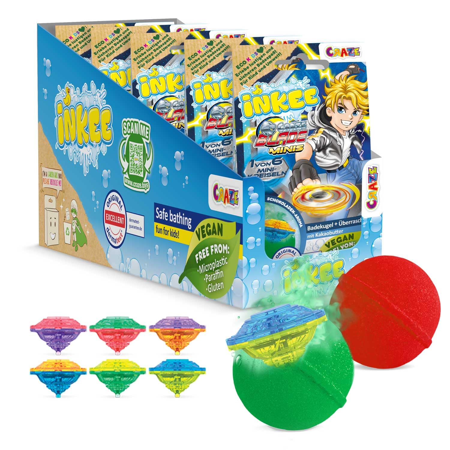 INKEE Kids Bath Bombs with Surprise Blade Spinning Tops – 5 Pack Chocolate Fragrance Bath Fizzers with Cocoa Butter – Fun Bath Toys and Gift Set for Children