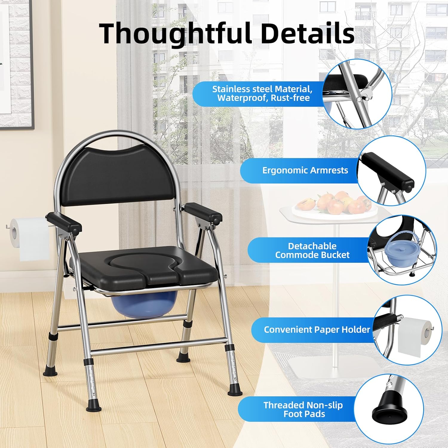 Folding Bedside Commode Chair for Elderly with Adjustable Height, Toilet Seat with Arms Handles and Back Support, Adults Potty Chair with Paper Roll Holder for Seniors, Disabled, and Pregnant (Black)