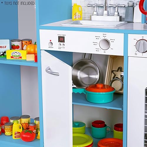 Miniatura 8 de Lil' Jumbl Juego de cocina para niños, cocina de madera de simulación, máquina de hielo y microondas con sonido realista, ollas y sartén incluidas,