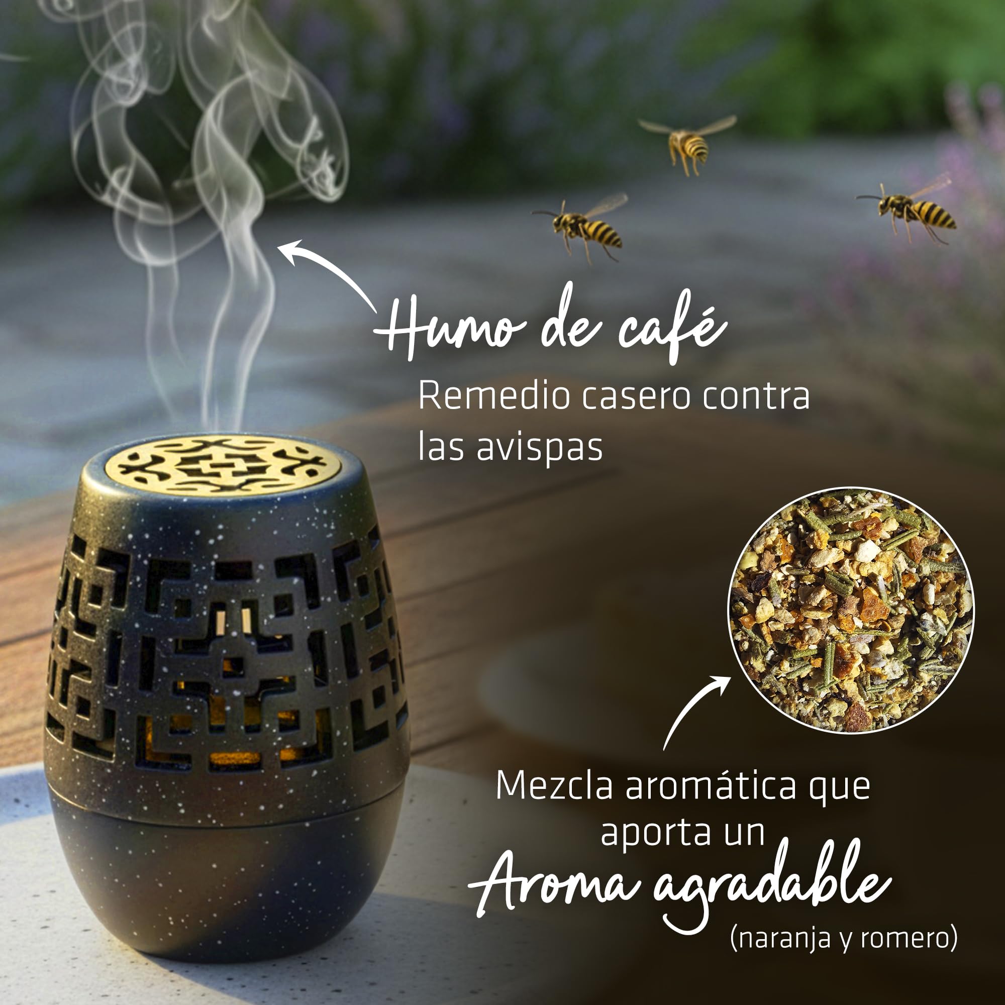 Gardigo® Repelente Avispas | Aroma a Café con Mezcla de Naranja y Romero | Anti Avispas Exterior | Ahuyenta Insectos con Café | Quemador de Incienso Ahuyentador Avispas