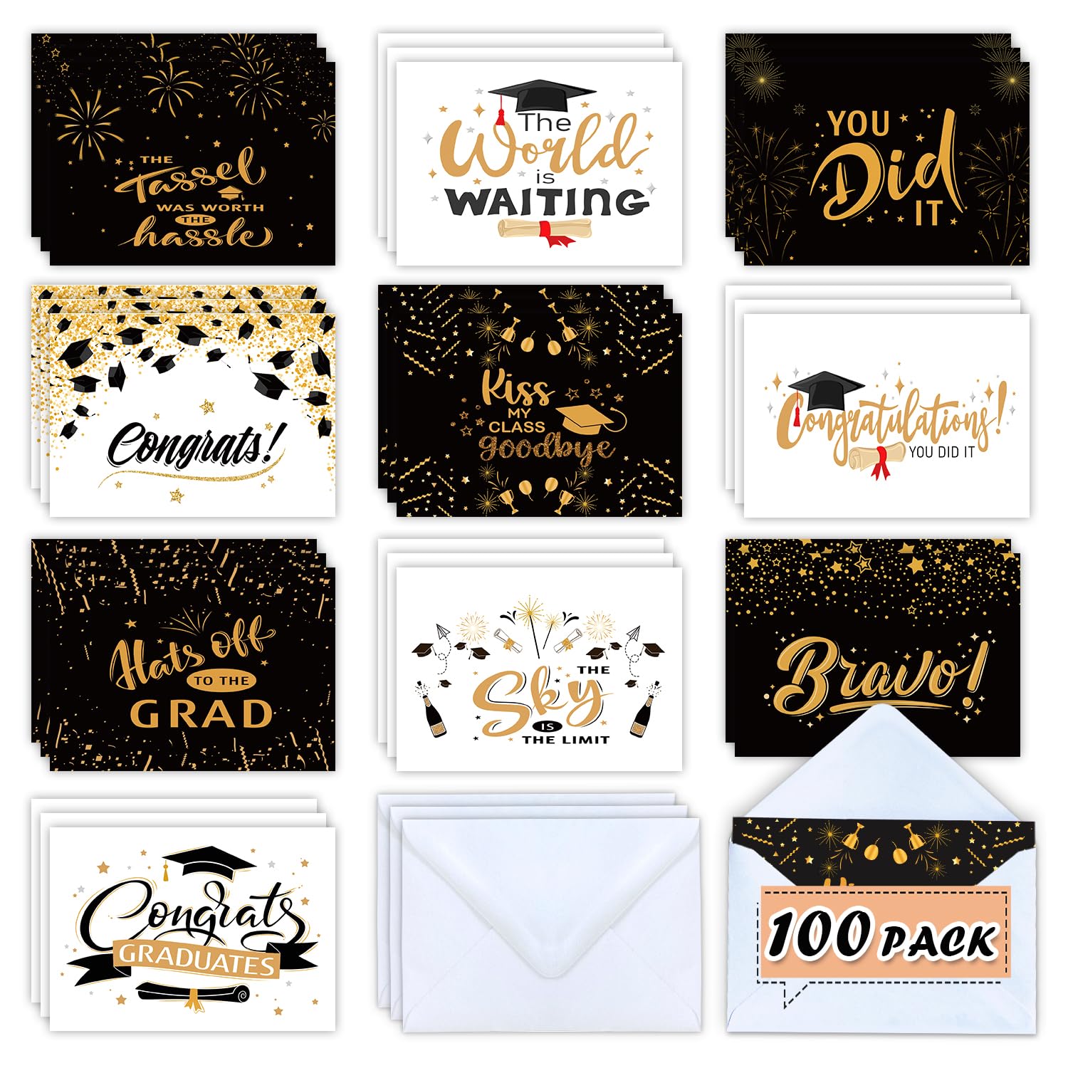 Leesgel 100-Pack Graduation Greeting Cards Class of 2025, 10 Unique Designs with Envelopes | Bulk Graduation Party Decor Congrats Grad Card for