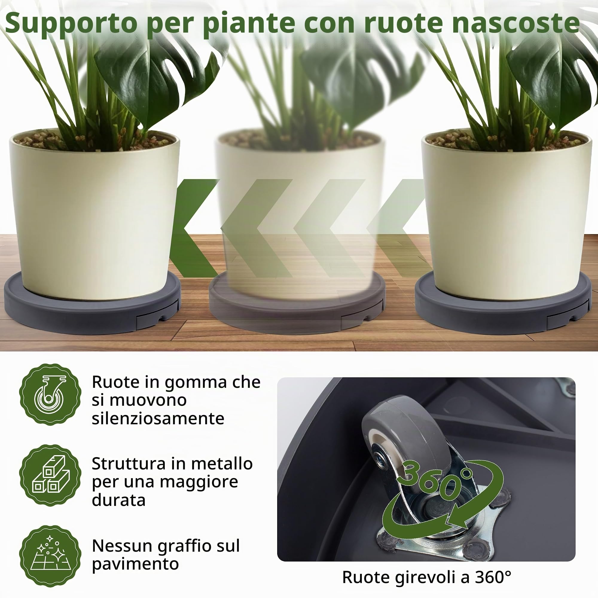 Portavasi per piante con ruote invisibili, supporto per piante per interni ed esterni, 420 mm, grigio, capacità massima di carico 200 kg (2 pezzi)