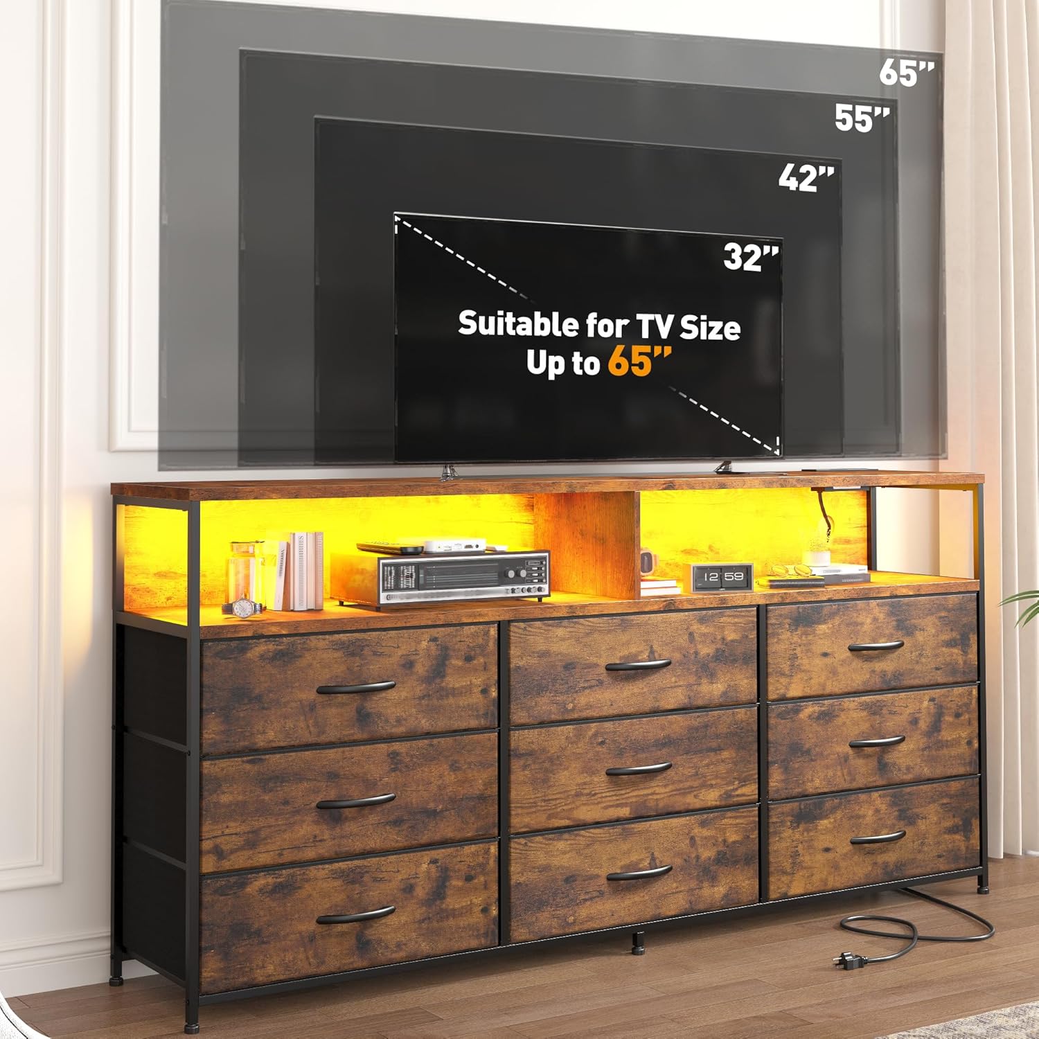 EnHomee 55” W Dresser for Bedroom with Charging Station & LED, 65" TV Stand for Bedroom with 9 Fabric Drawer & Open Shelves for Dorm, Entryway, Rustic Brown, 11.81" D x 55.12" W x 35.43" H