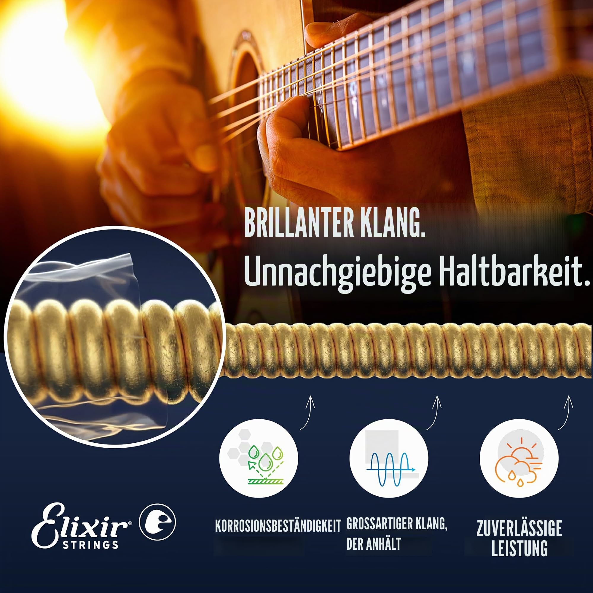 lixir Saiten 16546 Akustikgitarrensaiten aus Phosphor-Bronze, NANOWEB®-Beschichtung, Medium, 3 Stück (.013-.056)
