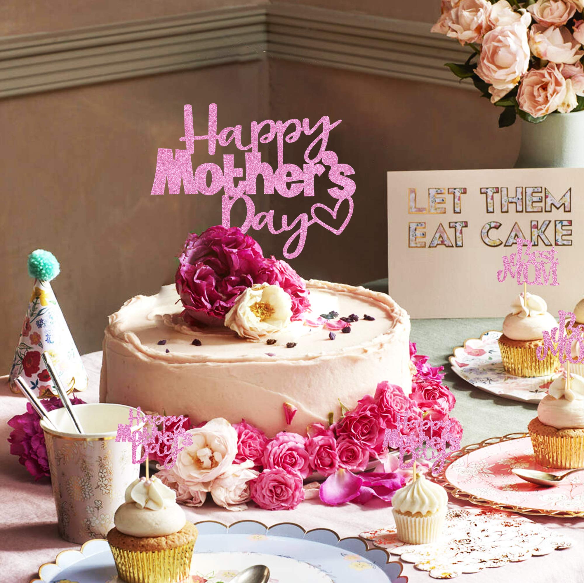 Ercadio 25-Pack Mother's Day Cupcake Toppers - Rose Gold Glitter, Cake & Cupcake Decorations - View #6
