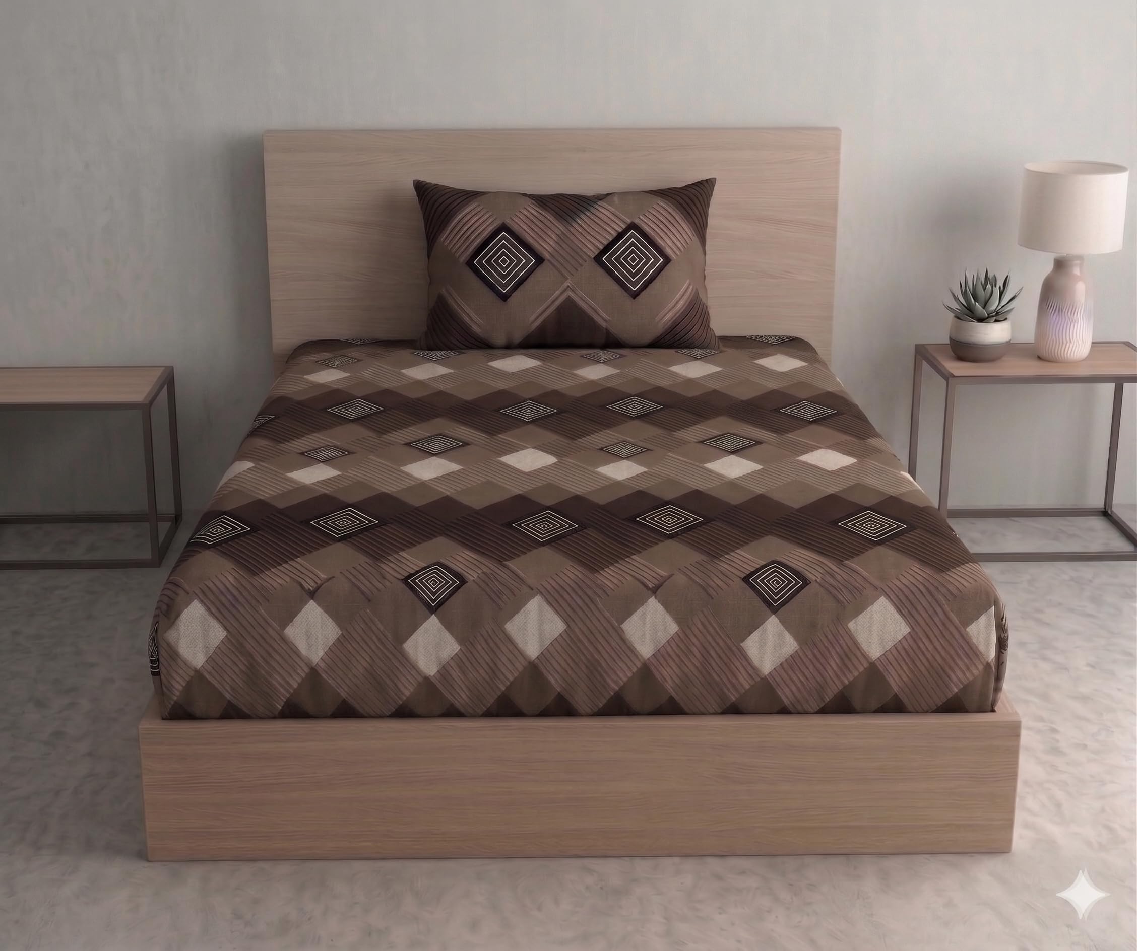 DECOMIZER Cotton Feel All Around Elastic Fitted Glace Printed Single Bed Bedsheet with 1 Large Pillow Cover Fits Upto Mattress of 6 Inches,Size - 42 x 75 x 8 Inches, Beige Coffee Box