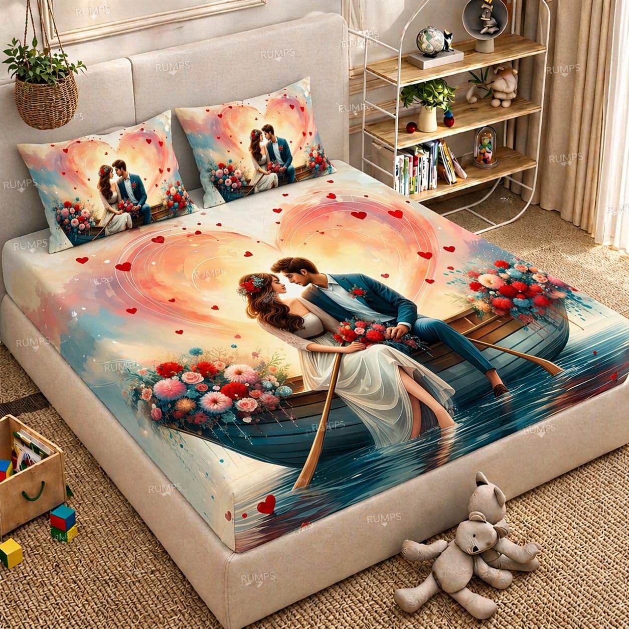 RUMPS 3D Digital Printed Double Bedsheet Flat | Premium Knitted Cotton MicroFabric 90x100 Inch Bed Sheet with 2 Pillow Covers, Cute Cartoon Blue Bird (7D Digital Boat)