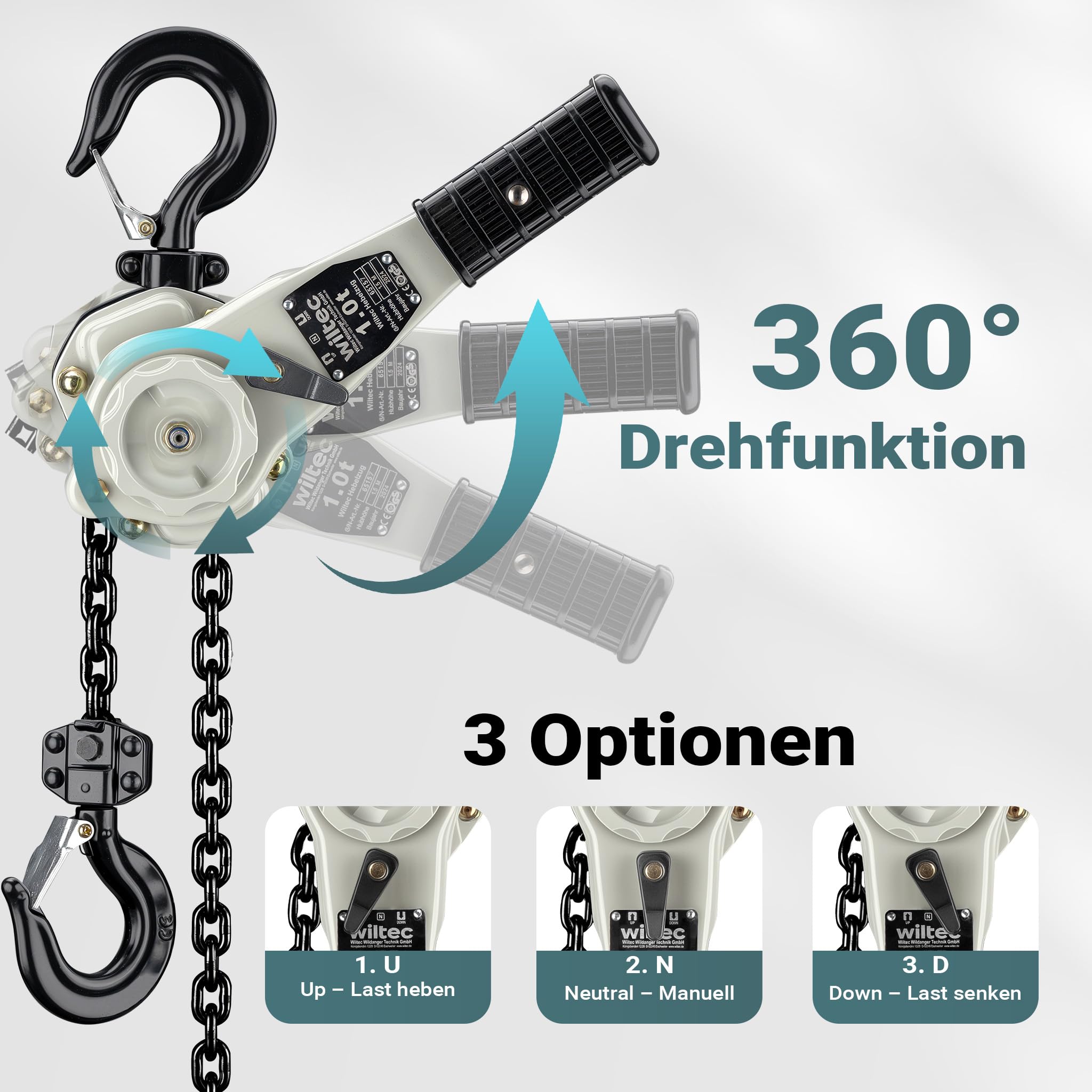 Wiltec Hebelzug 1 t x 1,5 m, Kettenzug 360° Drehgriff, kompaktes Hebezeug