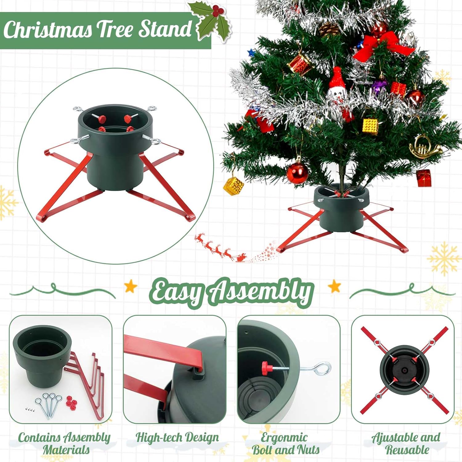 B-COOL Christmas Tree Stand for Real Trees: Xmas Base Holder With Adjustable Legs for Seasonal Displays, Home Decor Up to 7ft Tall, Green Red L