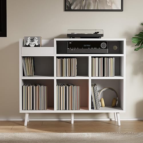 Cozy Castle Soporte para tocadiscos con almacenamiento de vinilo abierto, mesa para tocadiscos con capacidad para hasta 500 álbumes, estante para