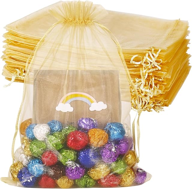 YQL 100PCS Gold Organza Bags Large 20 X 30CM, Mesh Favour Bags with Drawstring Net Bags for Gift Christmas Party Wedding Jewelry Candy Sample