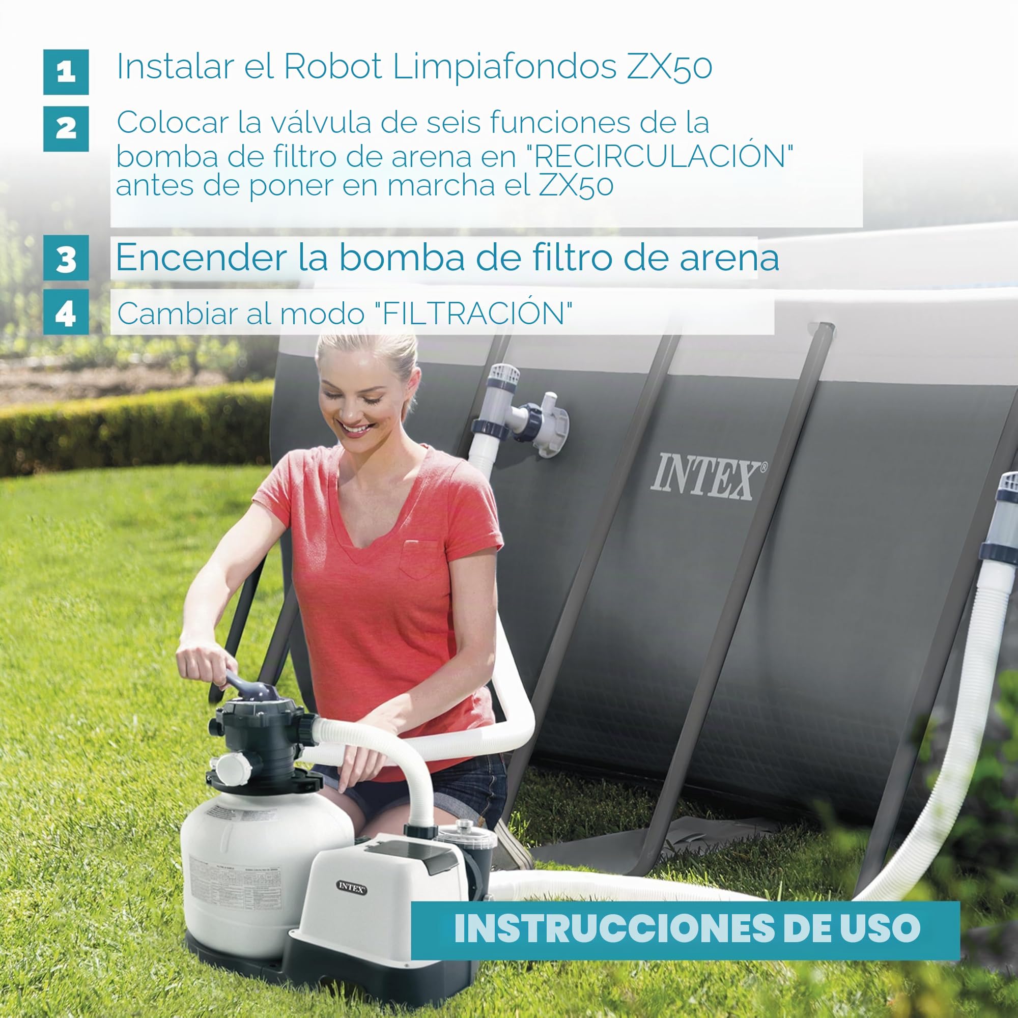 Intex 55251 - Robot limpiafondos piscina Krystal Clear ZX50, Limpiador fondo piscina automático, Manguera 6.5m antienrredos, recipiente para desechos 0,8L y giro automático, Limpiafondos piscina