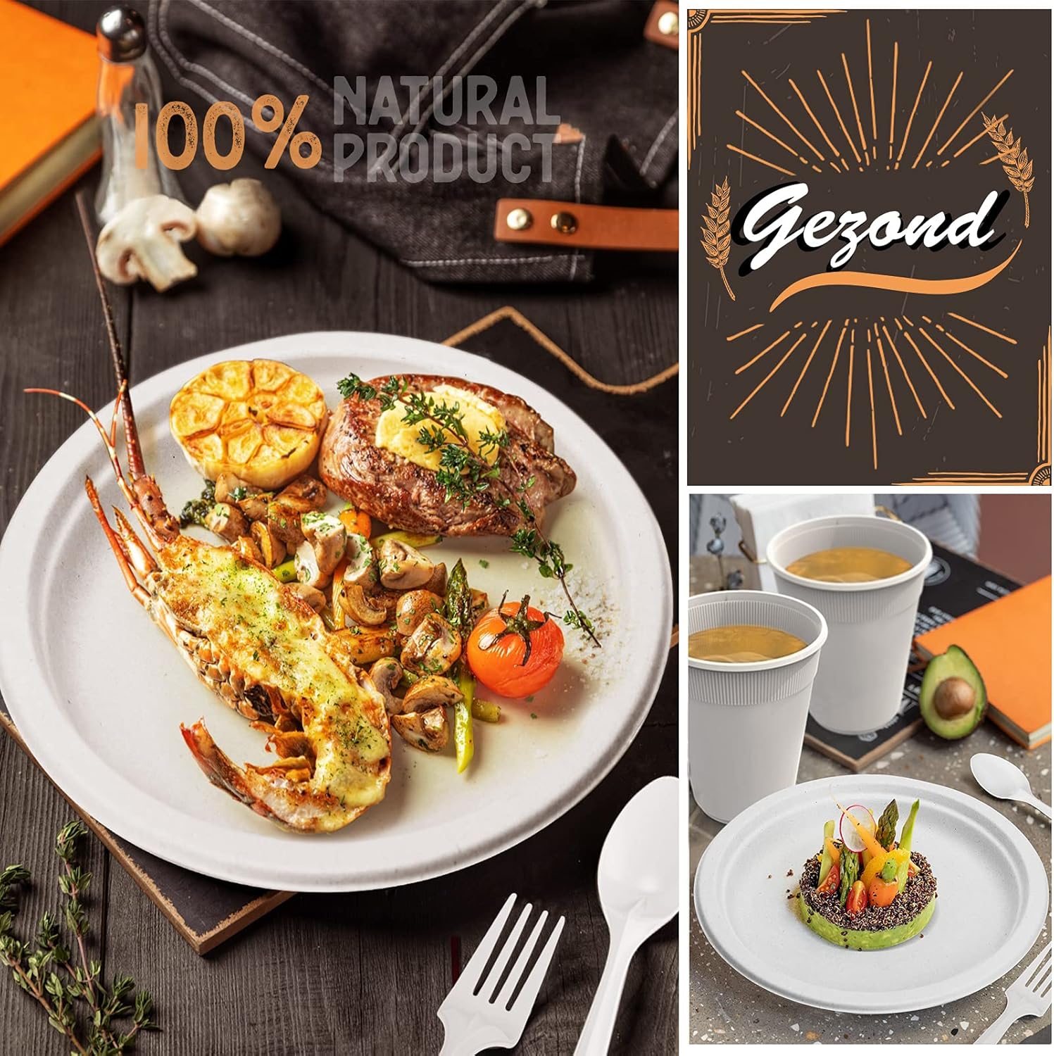 Compostable Paper Plates 350pcs Disposable Plates for Wedding Party Eco-friendly Sugarcane Plates Biodegradable Cutlery Forks Knives Spoons Cups and Straws for 50 People - Image 7