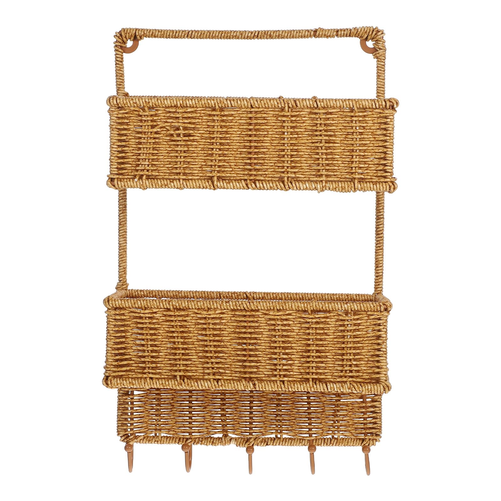 Cabilock Hanging Storage Baskets Woven Wall Basket Fruit Vegetables Organizer Wall Mount 2-Tier Storage Sorter with 5 Hooks Woven Rack for Home Entryway Kitchen