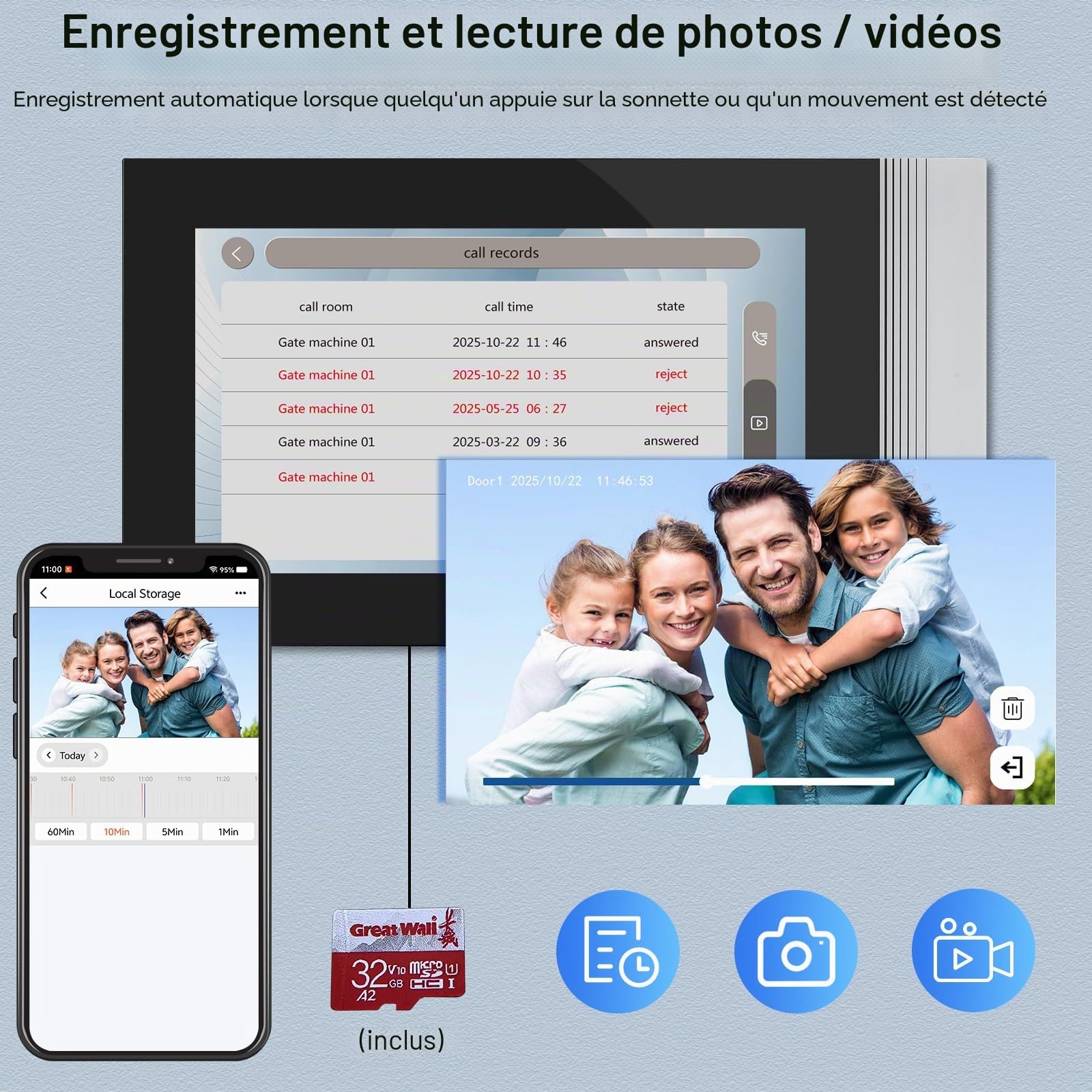 Système Interphone de Sonnerie Vidéo WiFi à 2 Fils, Caméra Vidéo HD 1080P avec Moniteur écran Tactile de 7 Pouces pour la Maison, Vision Nocturne IR, Carte RFID/Tuya APP Déverrouillage