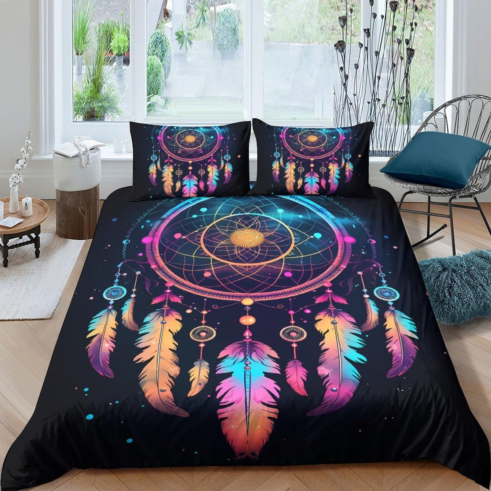 P5V6M1Q9 3D Printed Dreamcatcher Duvet Cover Microfiber Soft Breathable Colourful Feather Bedding Set with 2 Pillowcases for Bedroom Decor Single（135x200cm）