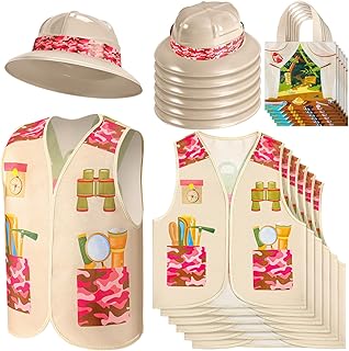 Toulite 18 Pcs Girl Safari Outfit Safari Jungle Costume Include 6 Kids Safari Party Hats 6 Explorer Vest 6 Tote Bag Girls Explorer Costume Safari Costume for Jungle Party Outdoor Activity Birthday