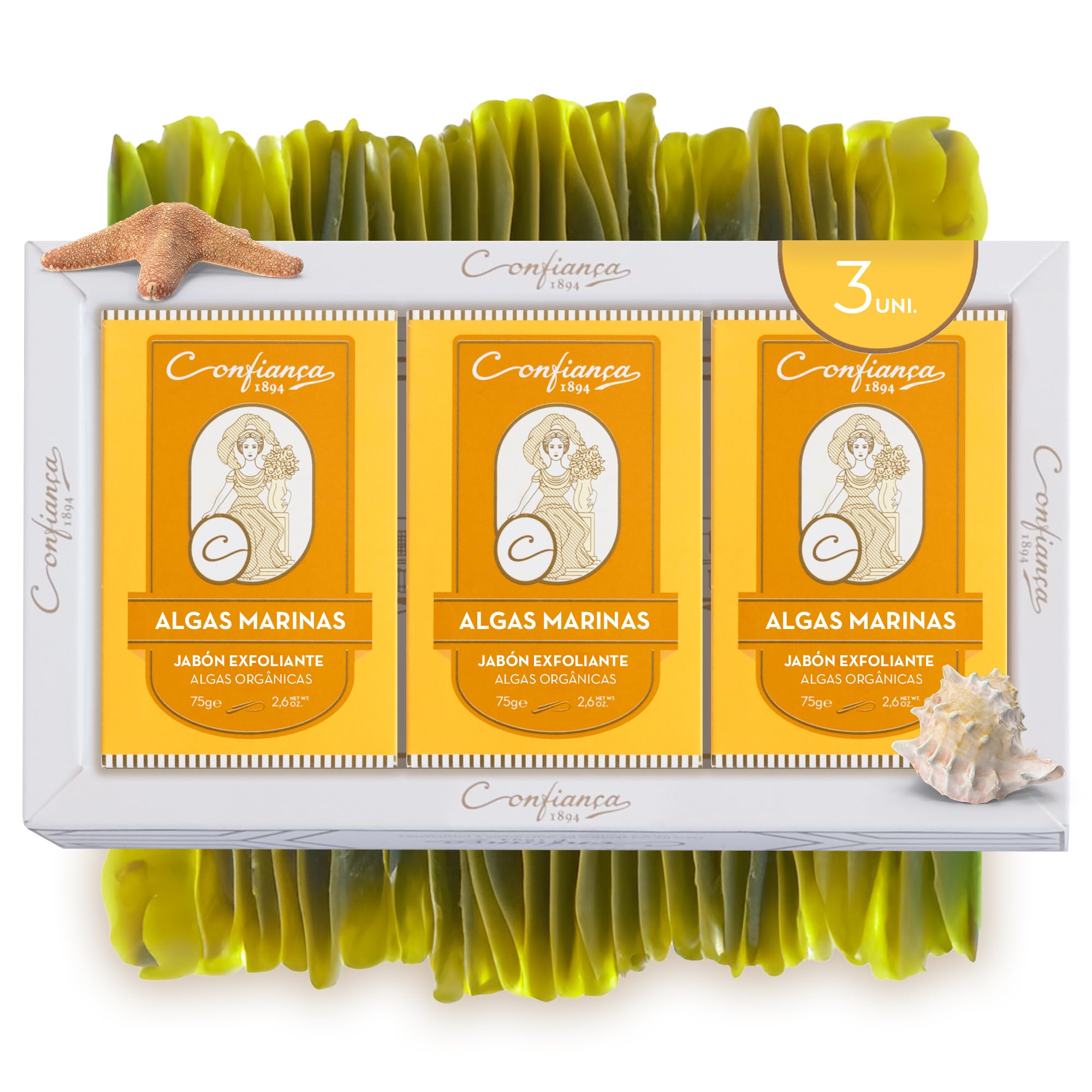 Jabón Exfoliante de Algas Marinas - Confiança 1894 | Jabón Exfoliante Corporal | Jabón Pastilla Corporal para Limpieza de Mujer y Hombre | Pack de 3 Jabones Perfurmados y Naturales x 75g
