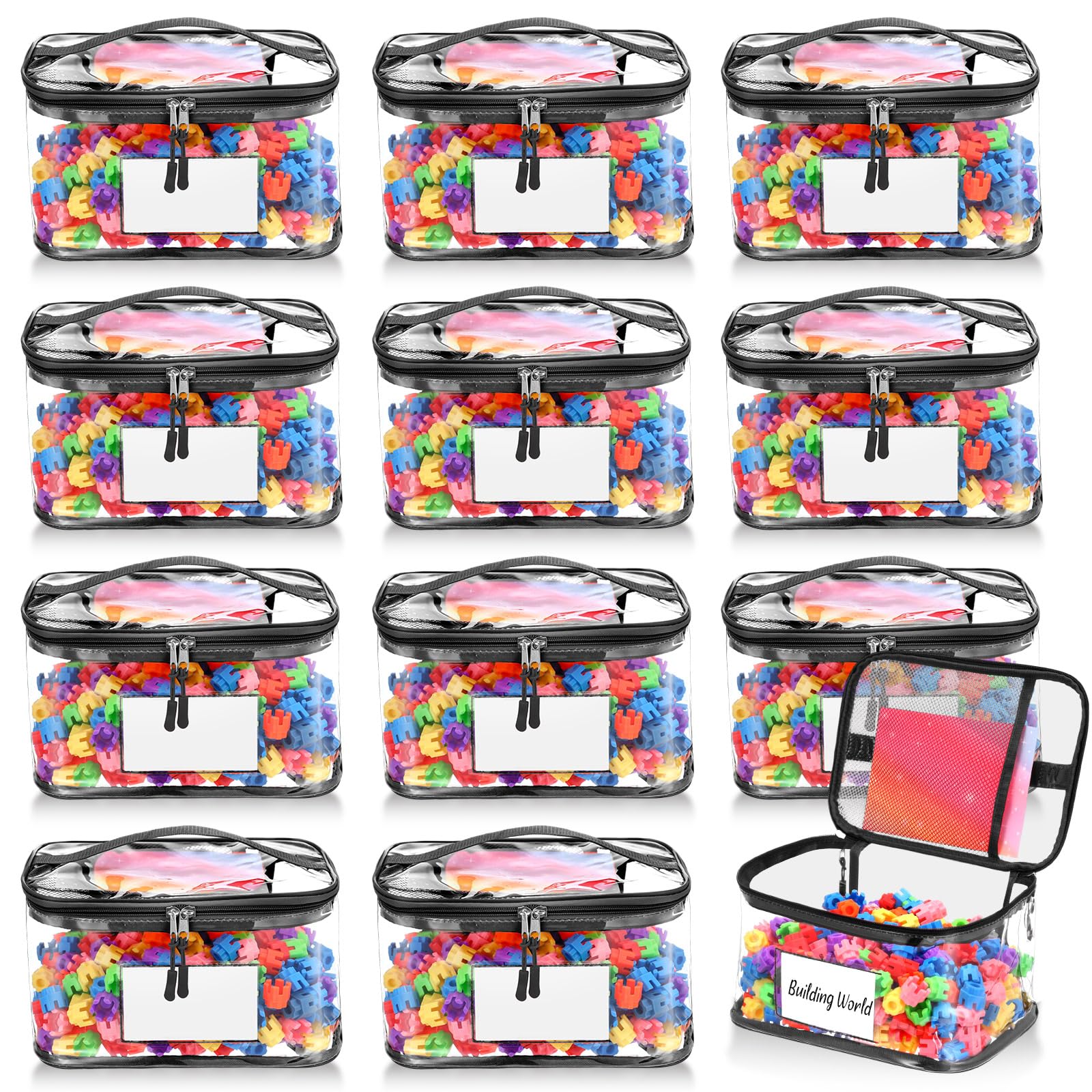 SATINIOR 12 Pack Large Toy Storage Bags PVC Toy Storage Organizer 9.4 x 6.8 x 5.5 Inch Clear Waterproof with Labels and Zipper Closure for Bricks, Board Games, Stuffed Animals, Puzzles, Black