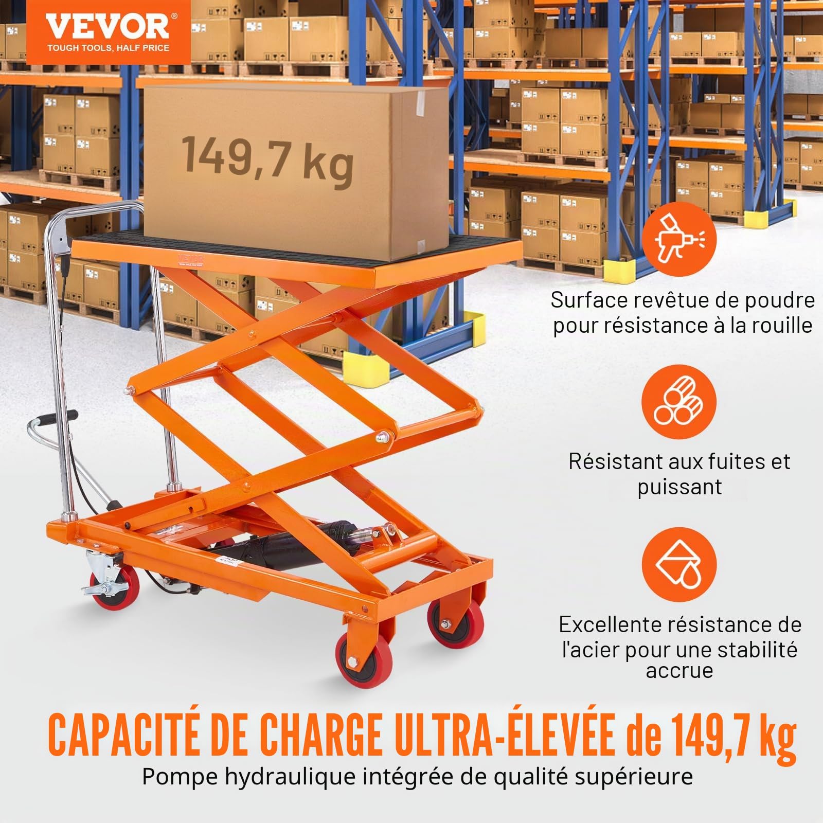 VEVOR Chariot à Table Élévatrice Hydraulique Capacité Charge 150 kg Chariot Élévateur Manuel à Double Ciseaux Hauteur Levage 1270 mm 4 Roues Coussin Antidérapant pour Manutention Transport Matériaux