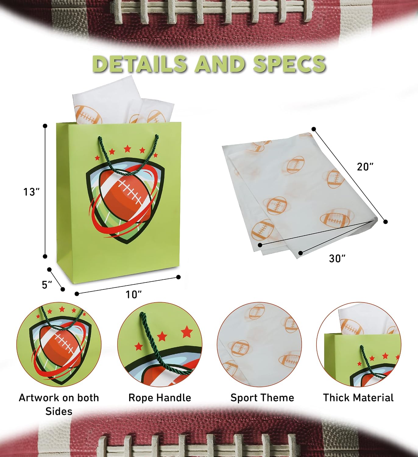 DolliBu Football Gift Bag with Tissue Paper - Cute Green Large Gift Bag Set with String Handles, Large Gift Bag with Football Wrapping Paper and Tissue Paper for Birthday, Special Occasions - 13 Inch