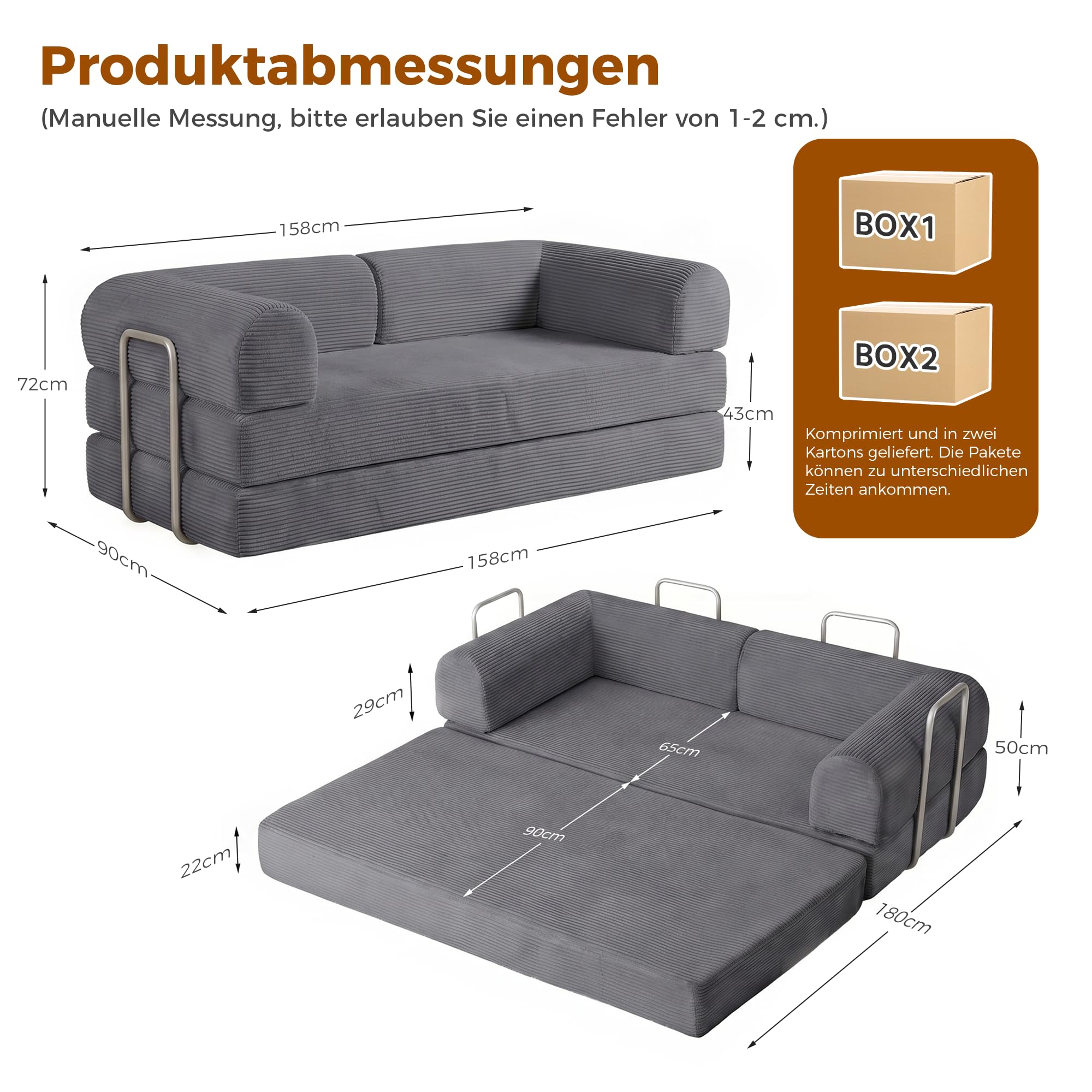 GRAVFORCE Schlafsofa – faltbares Bodensofa Bed mit Metallrahmen - Schlafsofa Klappbar 158cm breit - Compressed Sofa ohne Beine modulares Sofa Cord für Wohnzimmer Schlafzimmer Grau
