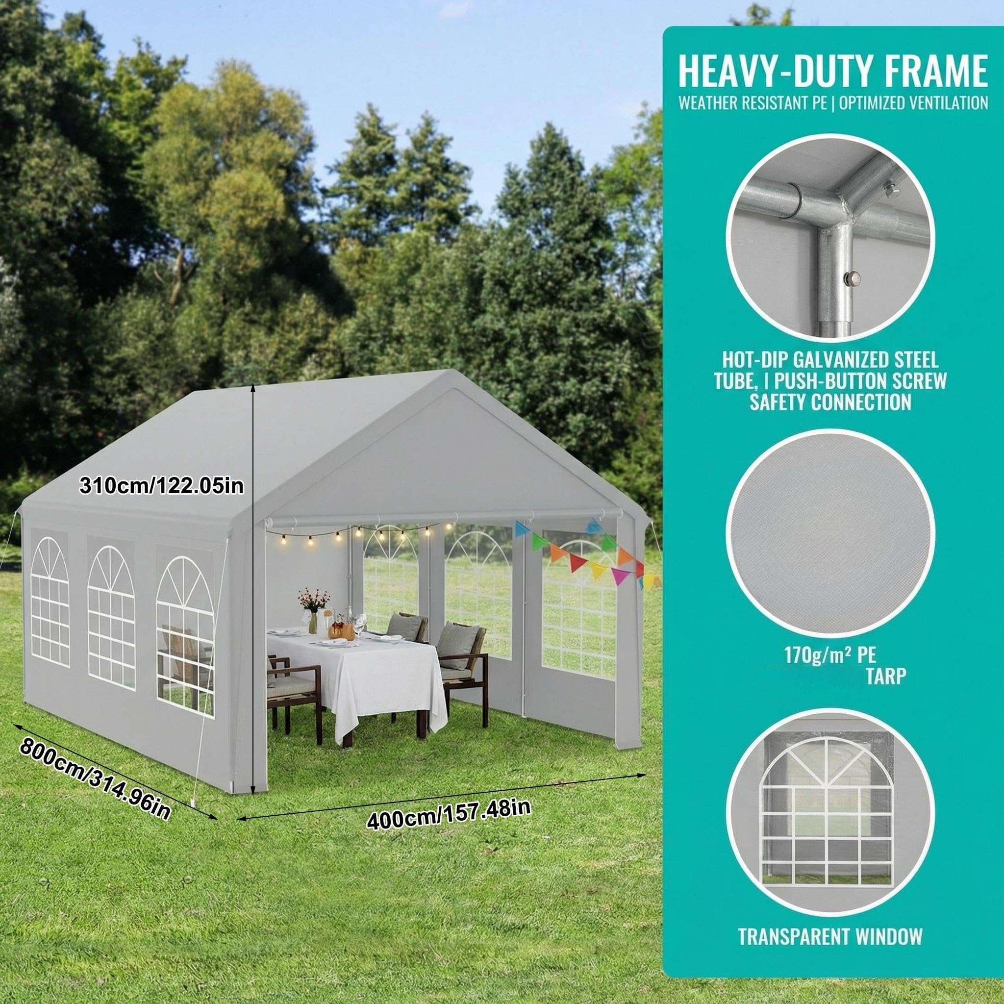 Partyzelt 4x8 m Wasserdicht UV-Schutz, Stabiler Garten Pavillon mit Seitenteilen und Fenstern, Winterfest PE-Plane Festzelt für Hochzeit Feier Außenbereich Grau