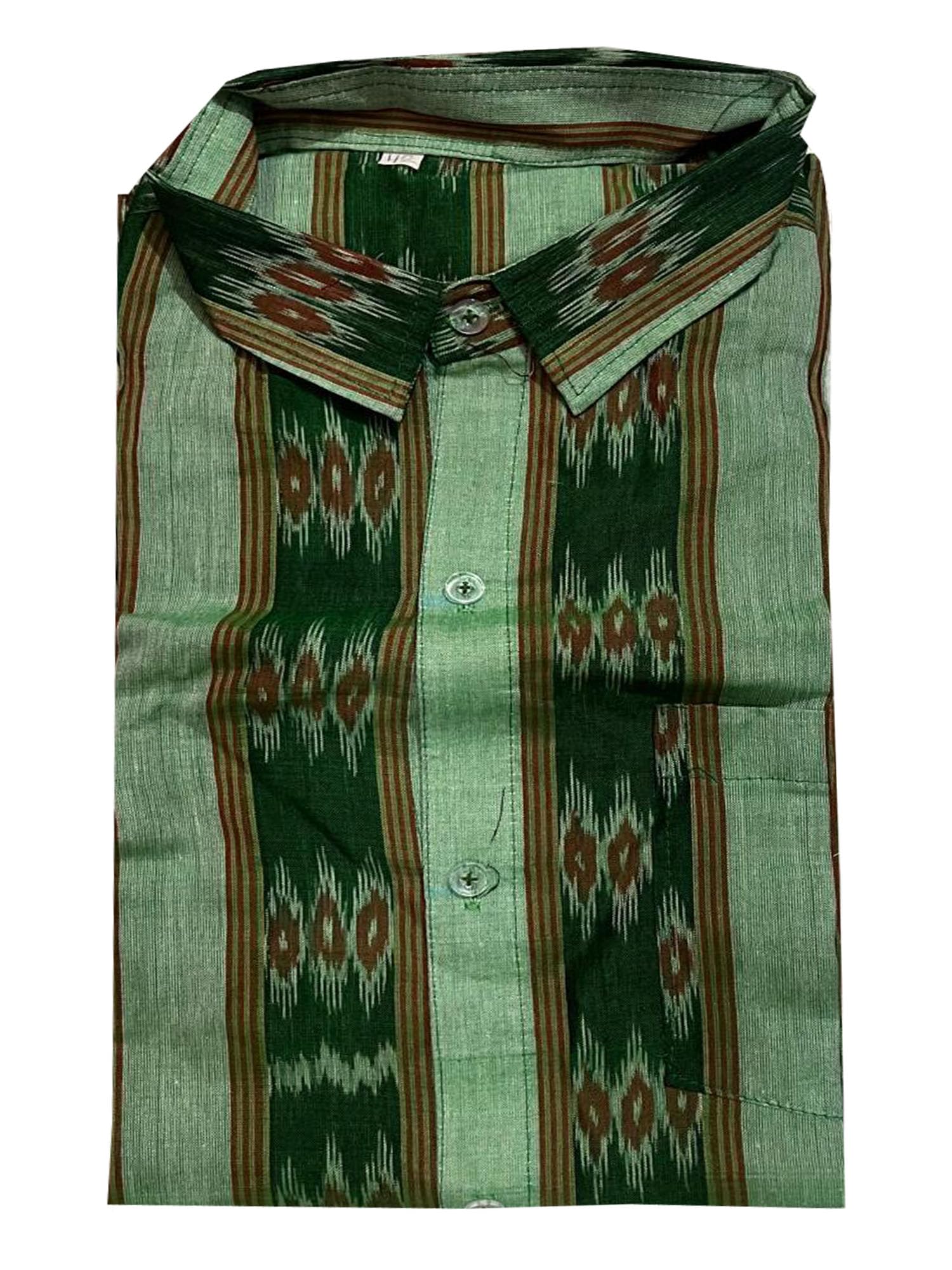 ODISHA Handloom SAMBALPURI 100% Cotton Light Blue TIPA with Blue Mix Green Lining Half Shirt for Men/Boys-image-35
