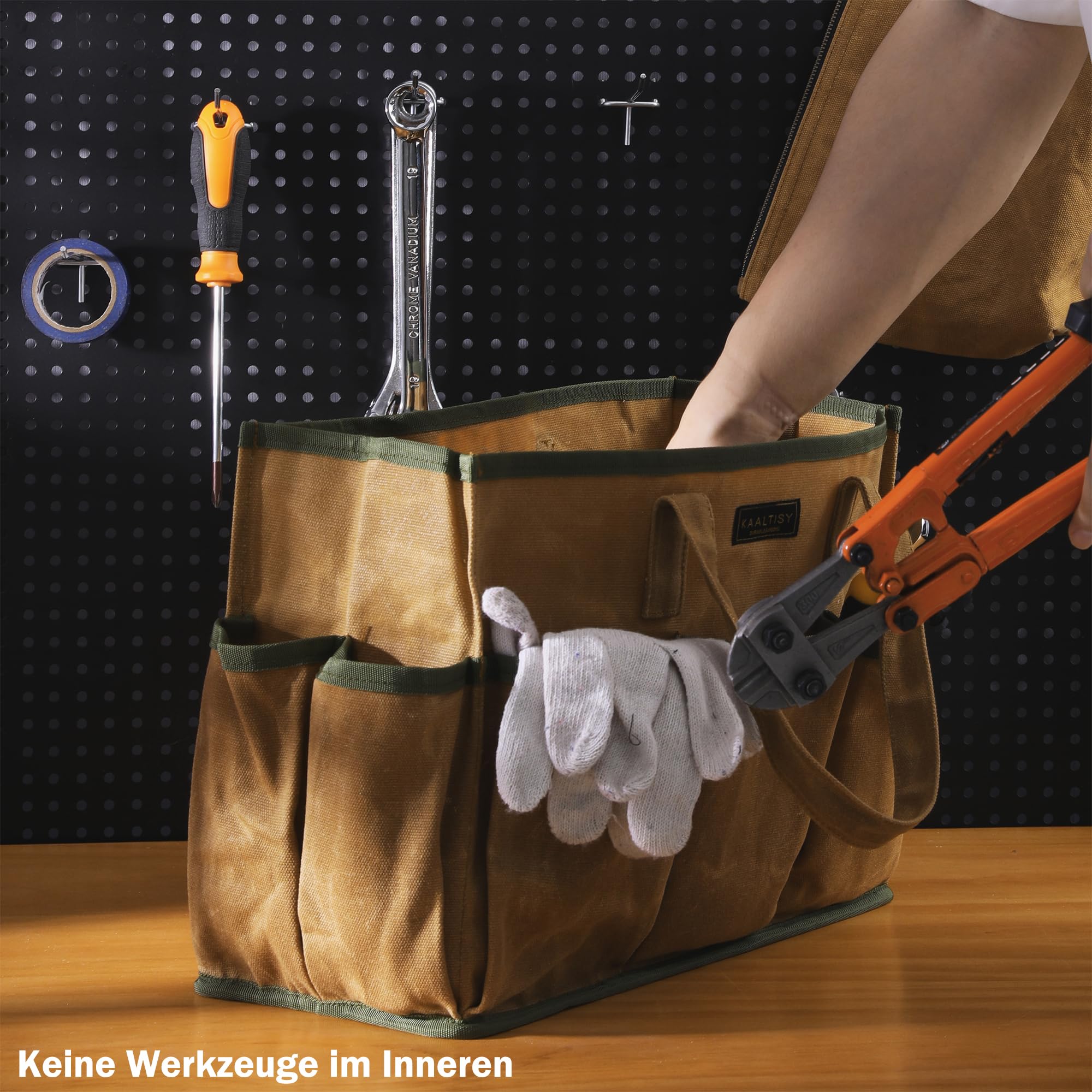 Bolsa de herramientas de lona encerada de 16 onzas, 1 bolsa de almacenamiento de herramientas de gran capacidad + 10 ranuras externas, multiusos, reutilizable, para jardinería, juego de carpintería,