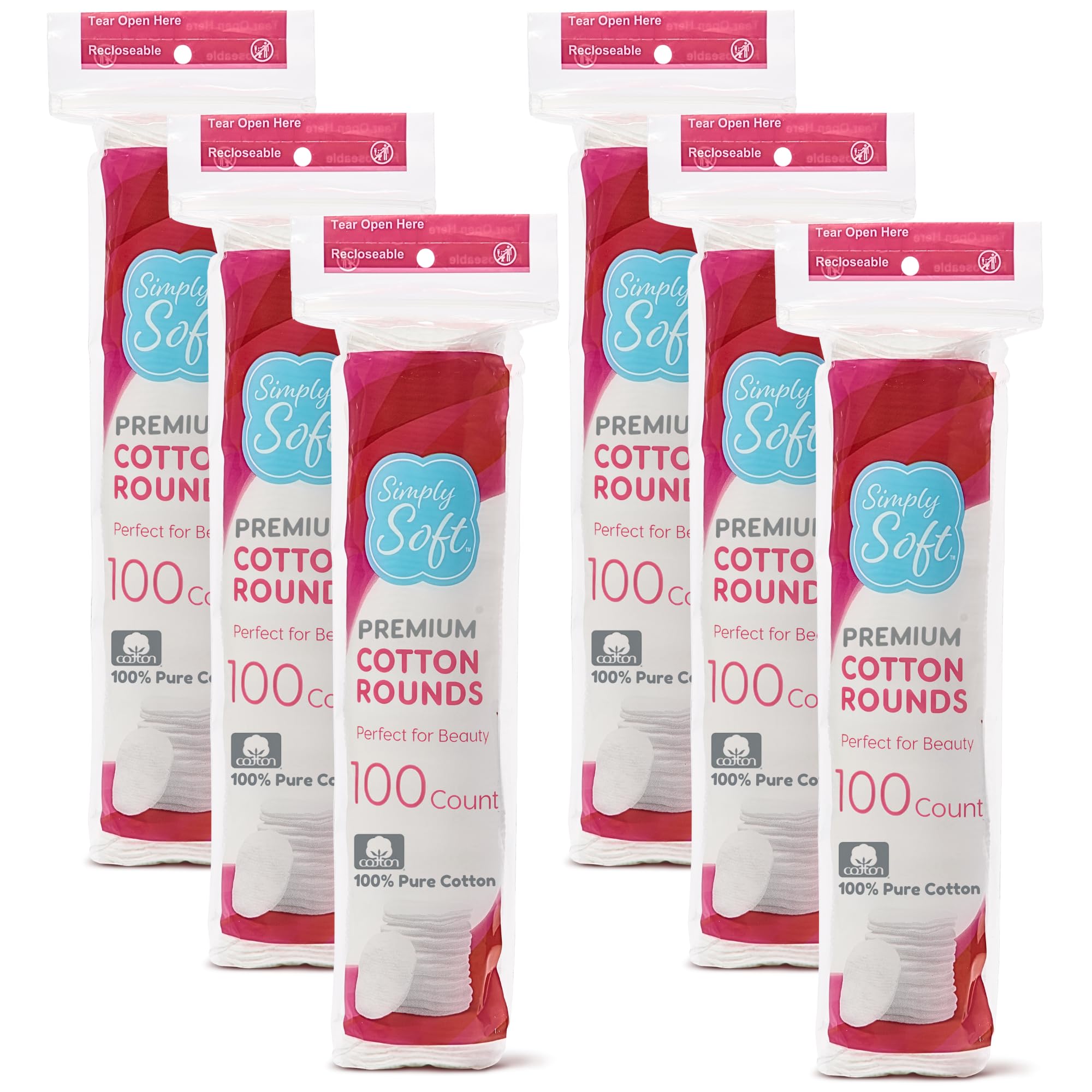 Simply Soft Premium Cotton Rounds, 100% Pure Cotton, Absorbent Cotton Pads, 100 Count (Pack of 6)