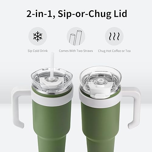 Miniatura 3 de Vaso de 40 onzas con asa, vaso aislado con tapa y popote, botella de agua deportiva de metal grande, taza térmica de viaje de acero inoxidable,