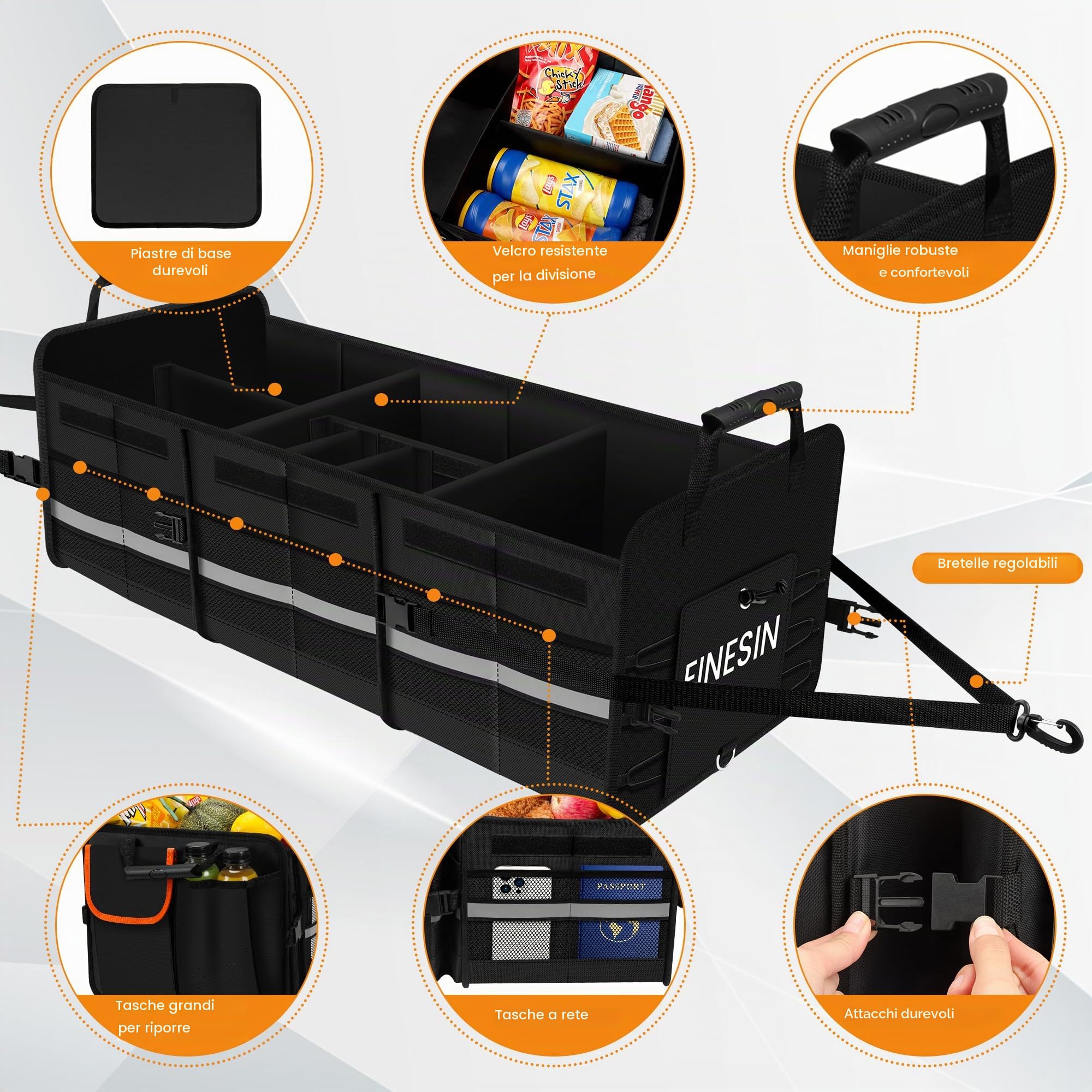 Einesin Molto grande da 88L Organizer Bagagliaio Auto Pieghevole con 22L Borsa termica, Organizer per Auto con 7 scomparti regolabili, Fondo Antiscivolo, Coperchio Pieghevole