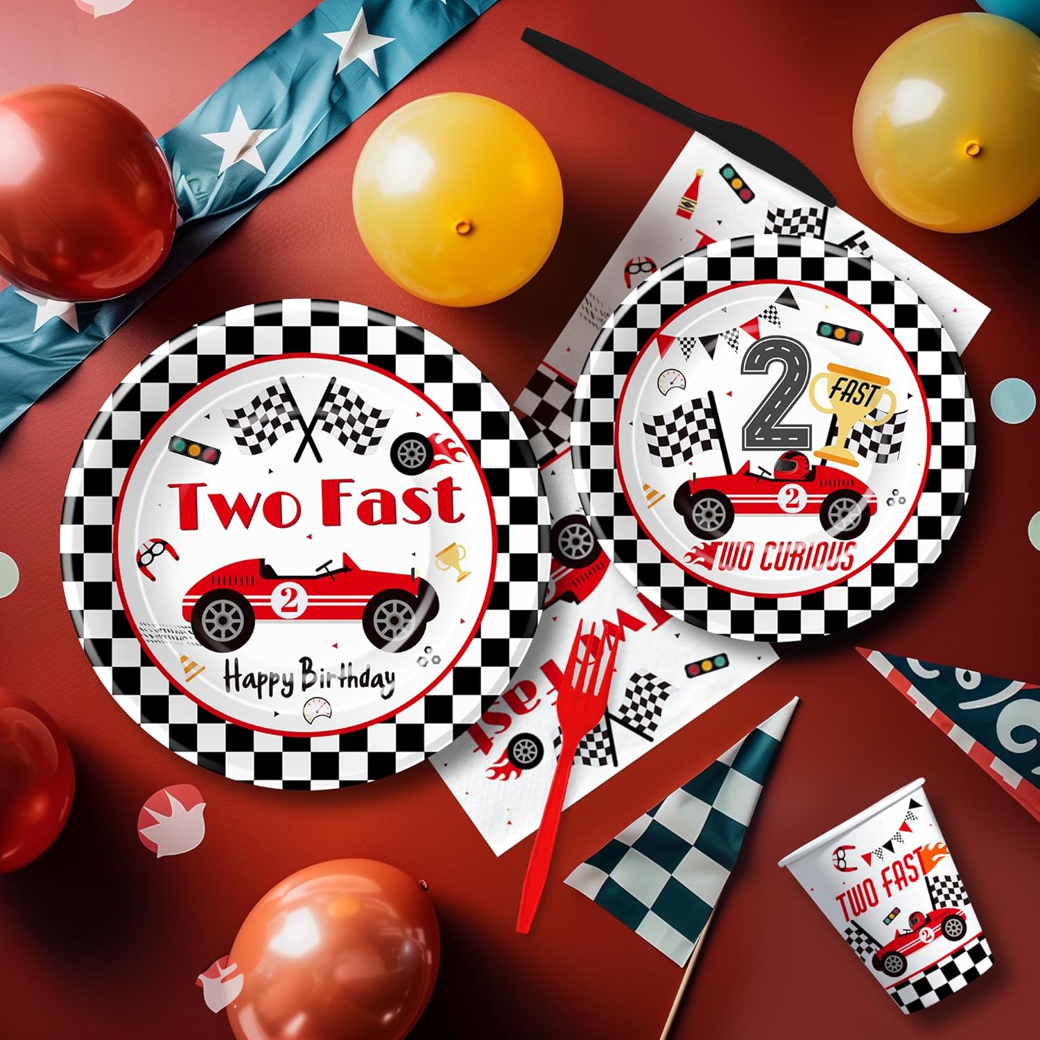 Race Car 2nd Birthday Party Decorations Tableware Kids, Red Two Curious Two Fast Birthday Decorations Party Supplies, Paper Plate, Cup, Napkin, Fork, Serves 24 image 4 of 7 B0D4PM4RBK
