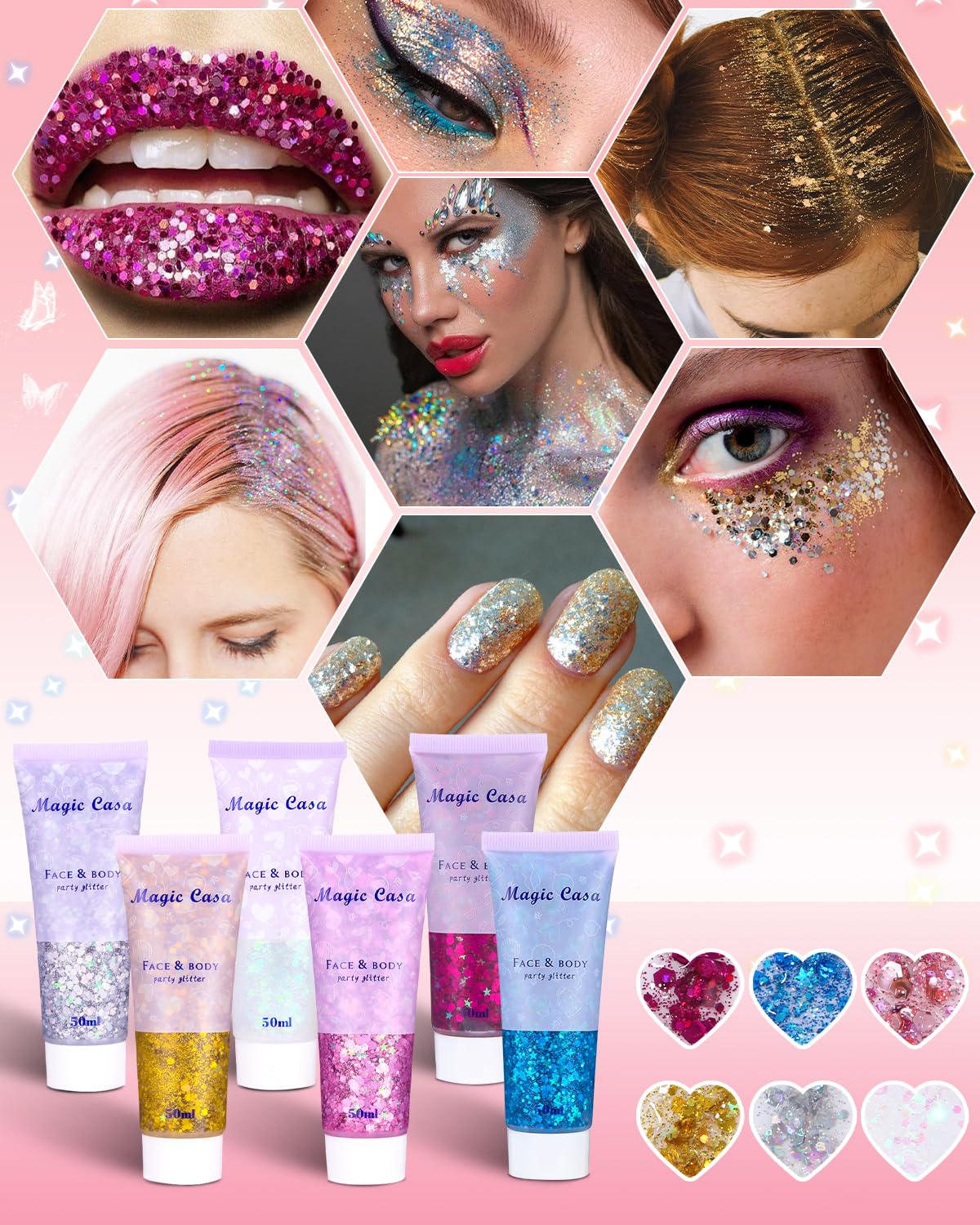 Chunky - 6 pezzi gel glitter corpo per trucco festival - glitter liquido per viso, capelli, labbra, unghie (50 ml)