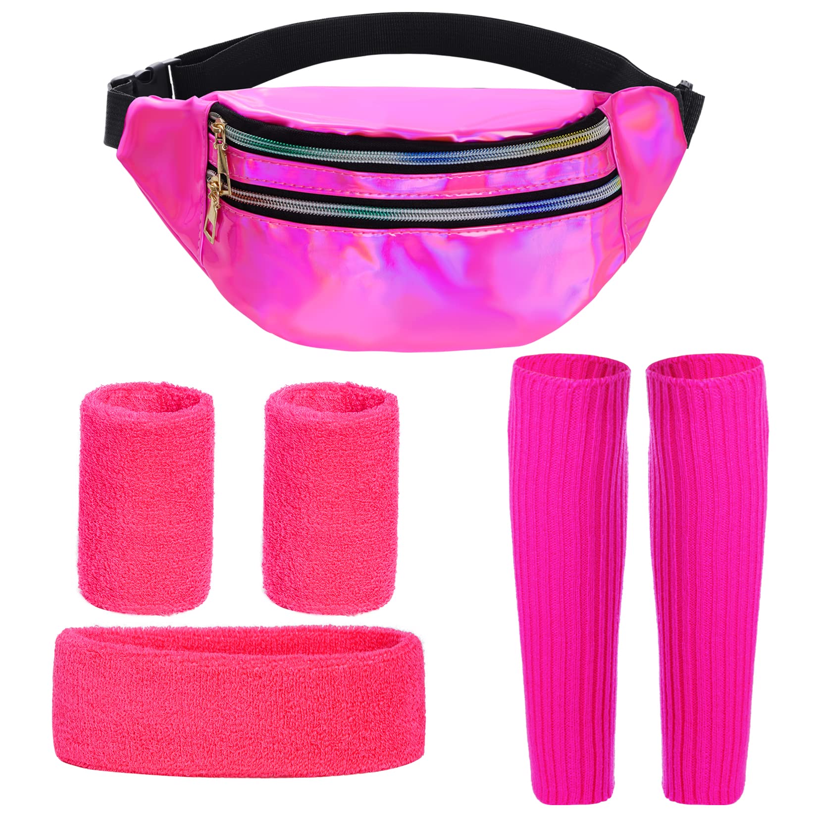 baotongle 80s Clothing Women's Sporty Style Set, Neon Leg Warmers, Bracelets, Neon Headband, PU Bum Bag, Waterproof for 80s 90s Outfit, Party Costume Accessories, Carnival, Rose Red, One Size