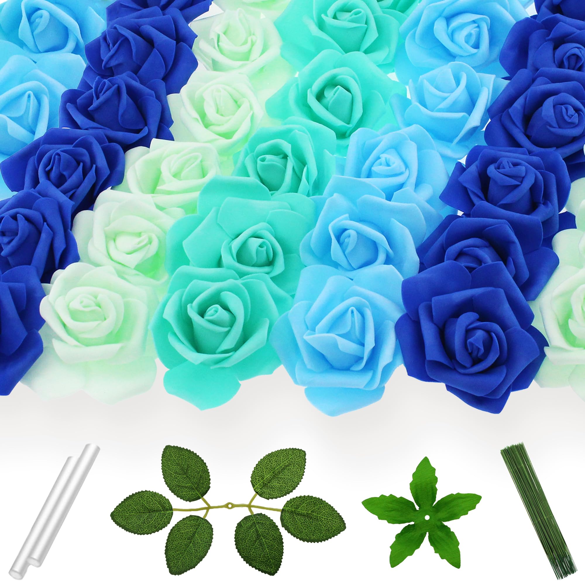 Vignor 100 Pcs 3 Inch Artificial Flowers Bulk 5 in 1 Set Faux Foam Fake Rose Head Wedding Decoration Bridal Shower Centerpiece Arrangement Wall Table