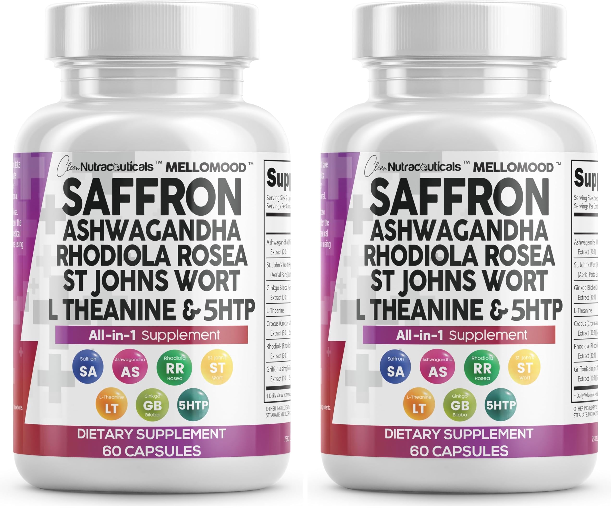 Clean Nutraceuticals Saffron Supplements Extract 100mg + Ashwagandha L-Theanine 200mg - Mood Support Ginkgo Biloba, St. John's Wort, Rhodiola Rosea &amp; 5-HTP Capsules Pills Men Women (Pack of 2)