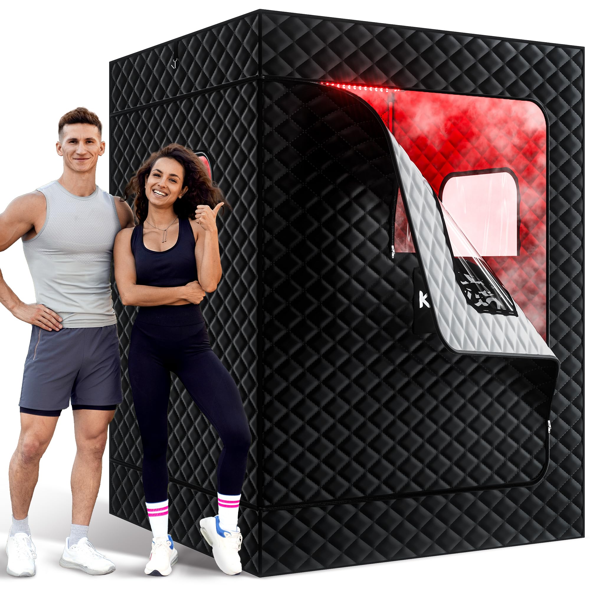 Upgraded 2 Person Sauna Box, Portable Infrared Sauna with 5-Layer Waterproof, 2 Steamers, 2 Folding Chair, 71”x 36”x 49” for Indoor, Outdoor, Gym, Spa, Carbon Black